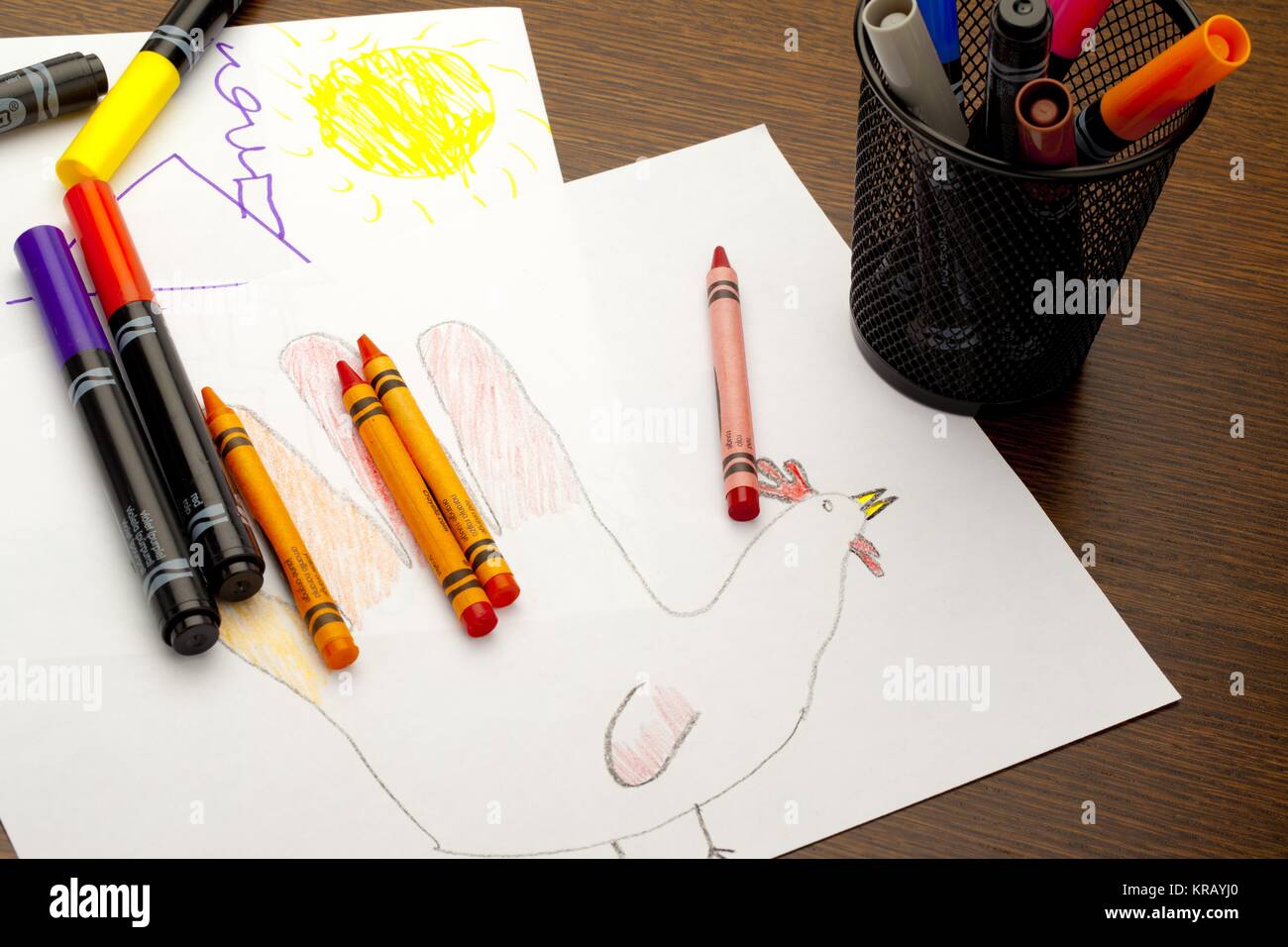 crayons and marker with drawing paper Stock Photo Alamy