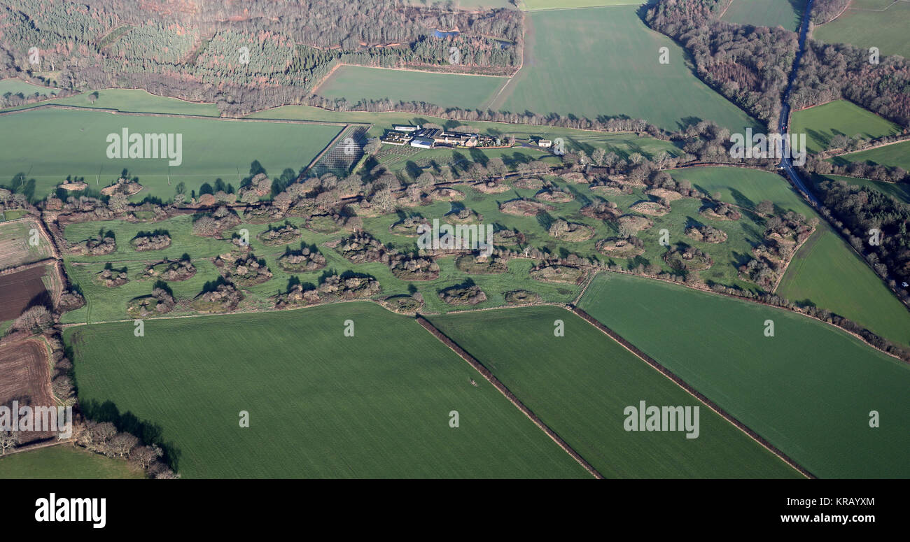 aerial view of bell pits, post-Medieval ironstone workings, Emley, West Yorkshire Stock Photo