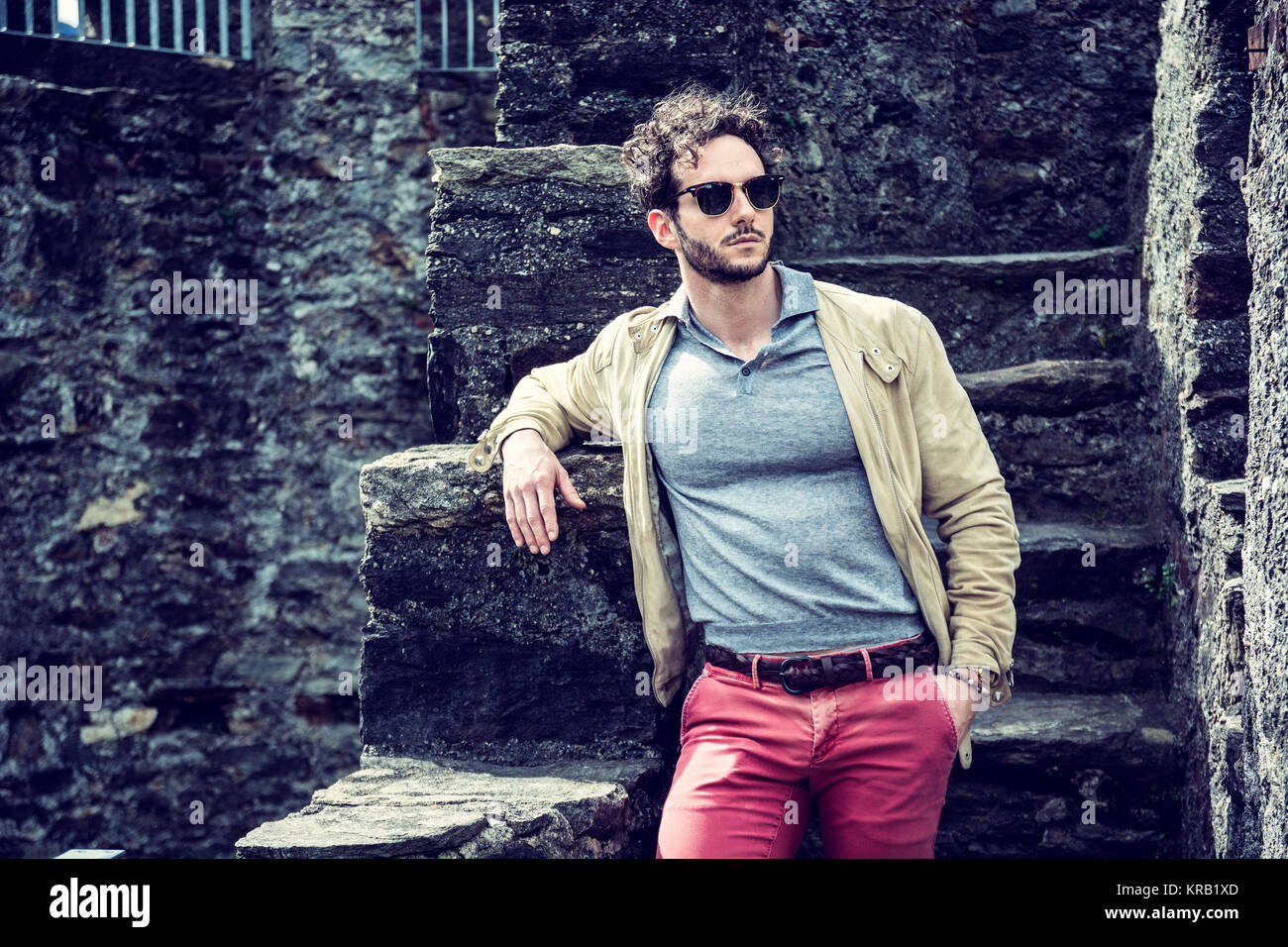 Attractive man outdoor in old European castle Stock Photo