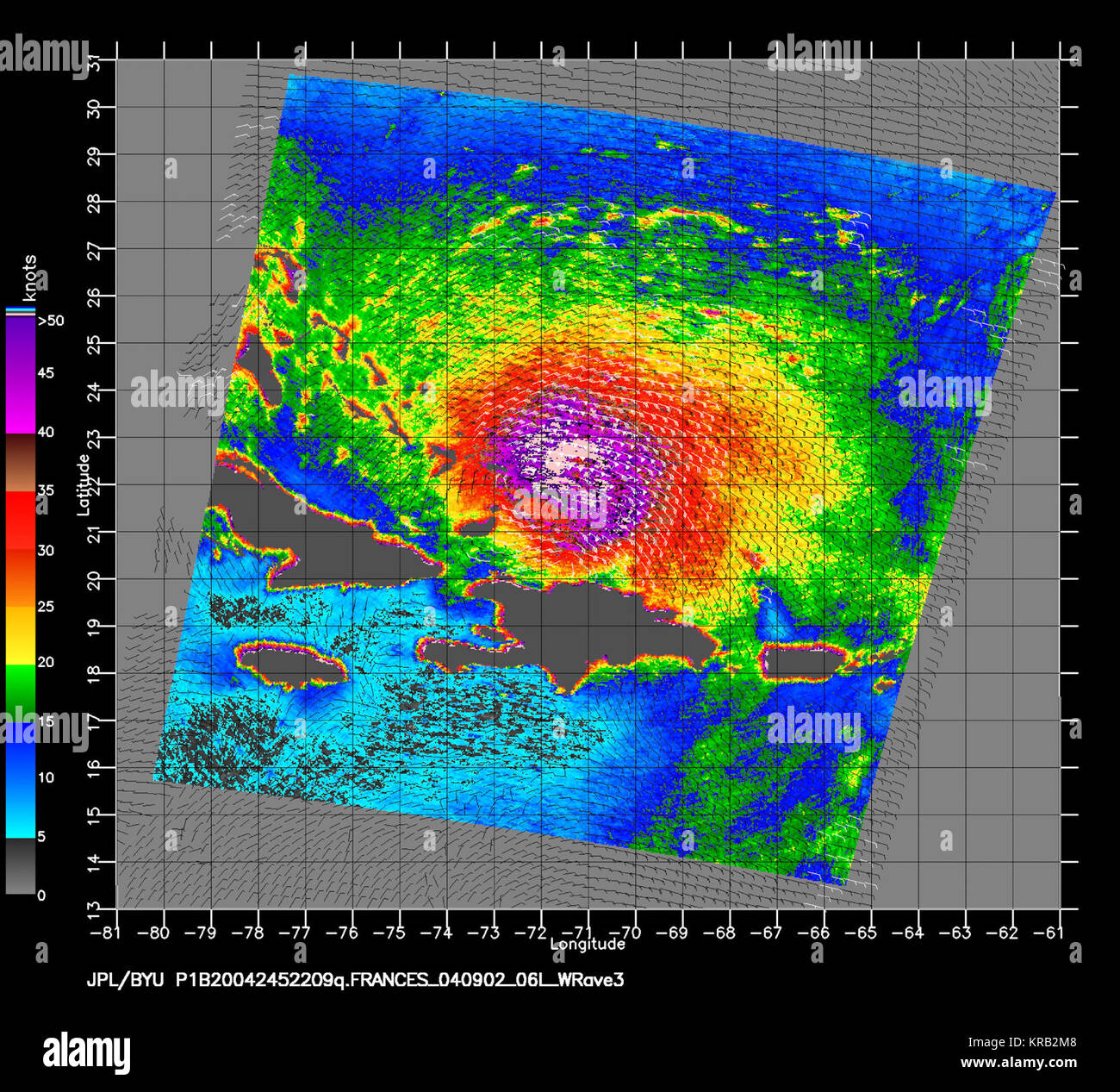 <p>The SeaWinds scatterometer aboard NASA's QuikSCAT satellite collected the data used to create this colorful image of hurricane Frances as it approached Cuba on September 1, 2004, at 6:09 p.m. EDT.  The colored background shows the near-surface wind speeds at 2.5 km resolution. The strongest winds, shown in purple, are at the center of the storm, with gradually weakening winds forming rings around the center. The black barbs indicate wind speed and direction at QuikSCAT's nominal 25 km resolution; white barbs indicate areas of heavy rain. The black grid over the image show degrees of latitud Stock Photo