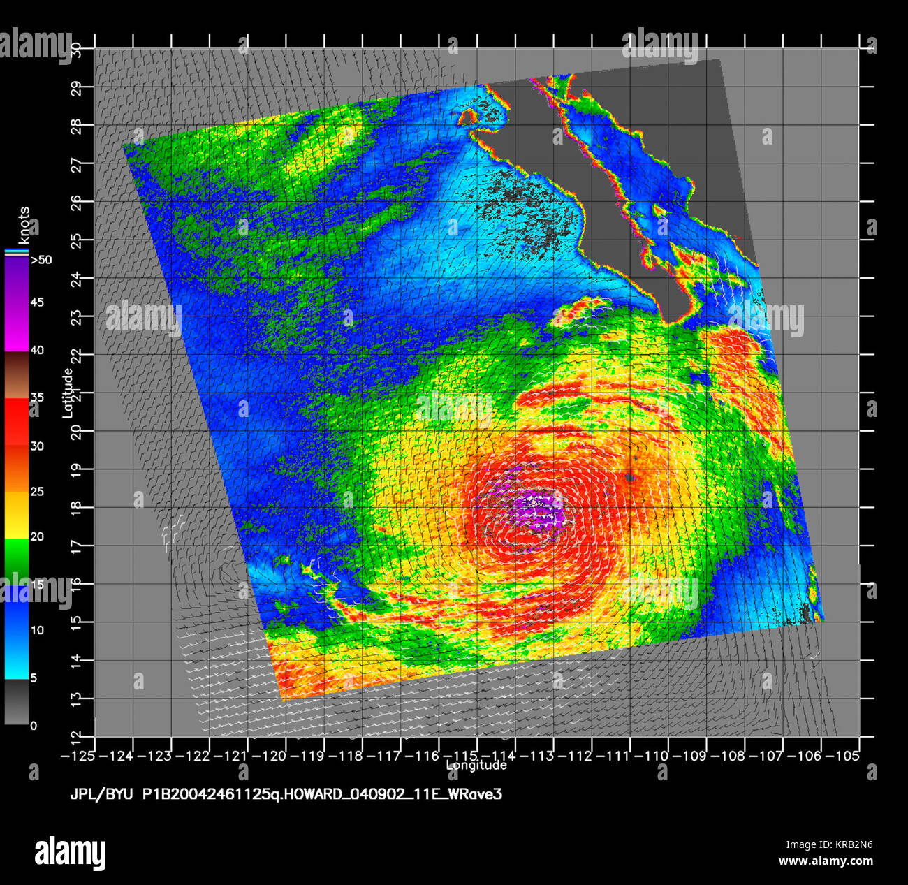 <p>The SeaWinds scatterometer aboard NASA's QuikSCAT satellite collected the data used to create this multicolored image of hurricane Howard off the Southern Coast of Cabo San Lucas, Mexico. This image taken on September 2nd at 4:25pm PDT, shows near-surface winds 10 meters above the ocean surface. </p>   <p>The colored background shows the near-surface wind speeds at 2.5 km resolution, with the highest wind speeds, purple, in the center, and lower wind speeds around the outer edges of the storm. The black barbs indicate wind speed and direction at QuikSCAT's nominal 25 km resolution; white ba Stock Photo
