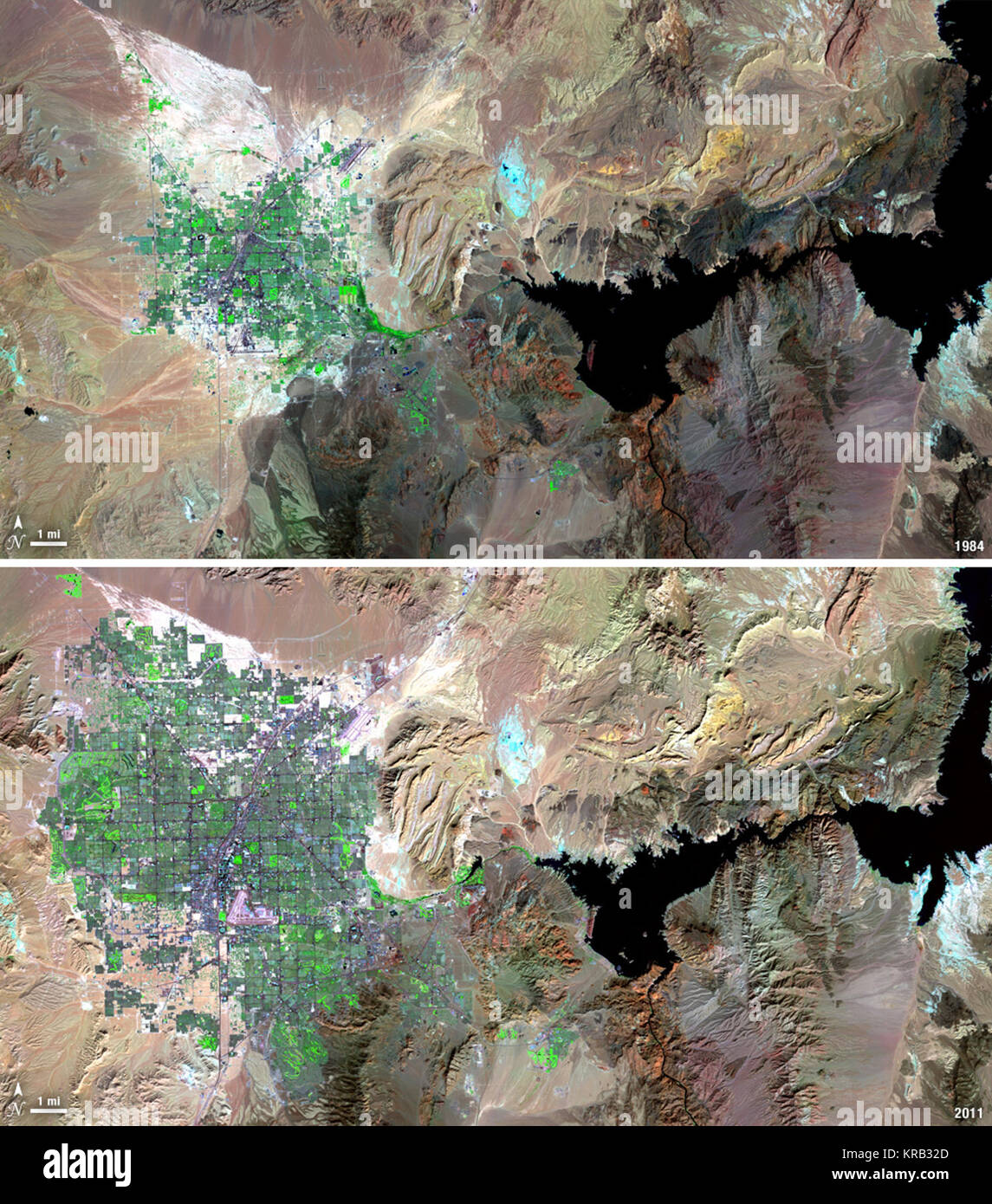Over the years of the Landsat program, the desert city of Las Vegas has gone through a massive growth spurt. The outward expansion of the city over the last quarter of a century is shown here with two false-color Landsat 5 images (August 3, 1984, and November 2, 2011).  The dark purple grid of city streets and the green of irrigated vegetation grow out in every direction into the surrounding desert. These images were created using reflected light from the shortwave infrared, near-infrared, and green portions of the electromagnetic spectrum (Landsat 5 TM bands 7,4,2).  ----  NASA and the U.S. D Stock Photo