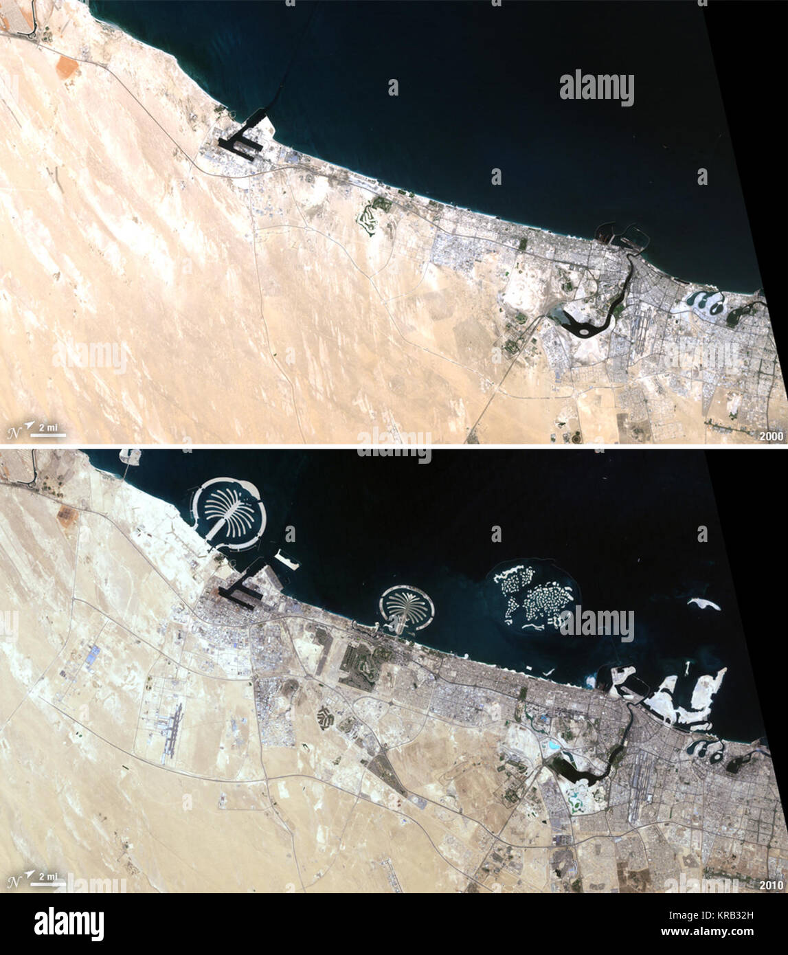 When Landsat 7 imaged Dubai on July 6, 2000, the city was barely visible against the desert landscape. Long straight roads sweep down the coast, and a single harbor juts into the Gulf. Though it seems small in this image, the city was growing quickly as a trade center, oil producer, and member of the United Arab Emirates.  Between 1973 and 2010, Dubai transformed entirely. In this Landsat 7 image, taken on October 6, 2010, dense gray city blocks are surrounded by plant-covered land, which is red. Artificial islands dot the coast. Dubai’s growth is built on tourism, trade, and oil.  ----  NASA  Stock Photo