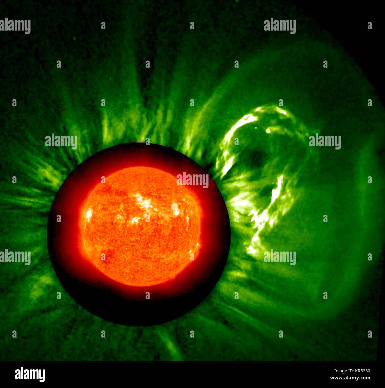 By combining observations from several instruments, we can see an initial solar eruption and the ensuing, large cloud of particles that blasted into space over a 10-hour period (Feb. 9-10, 2012). A close look at the orange-colored Sun image in extreme UV light shows a filament that broke away from the Sun to the right. This event was associated with a bright coronal mass ejection (CME) starting around 18:00 UT as seen by the STEREO Behind spacecraft. This eruption also occurred in conjunction with a B3.7 flare (fairly small). One combination of observations shows just the Sun in extreme UV lig Stock Photo