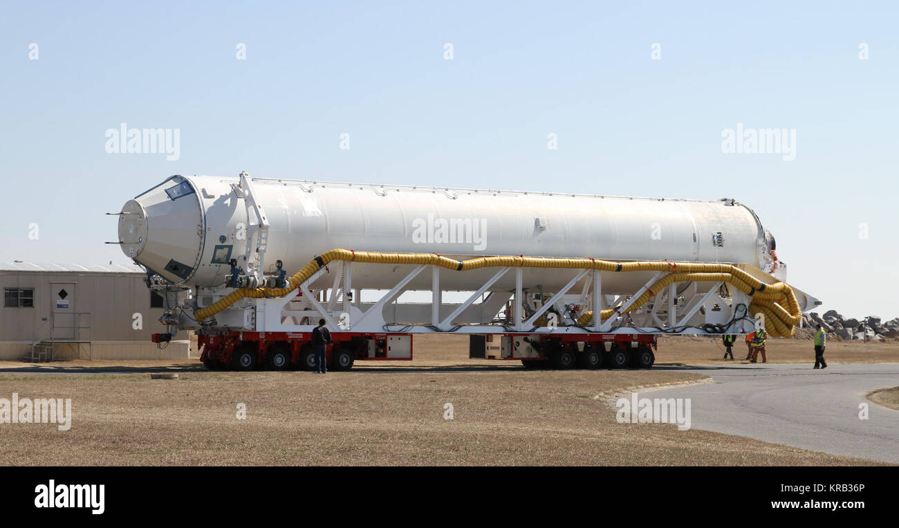 Antares Pathfinder during rollback after hot fire tests (20130323) Stock Photo