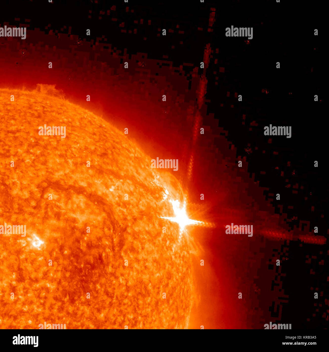 Over the course of three days (Mar. 5-7, 2012), a single, large active region blasted out over a dozen solar flares. STEREO (Behind) spacecraft caught the action in extreme UV light. Saving the best for last, it erupted with an X5 flare (X is the largest category) and a storm of charged particles as part of a coronal mass ejection. We'll be tracking this region around the far side of the Sun with STEREO and be ready if the Sun's rotation carries the existing activity back into view around March 28th. The particles near the end of the clip look like a mass of squiggling amoeba, a distortion cau Stock Photo