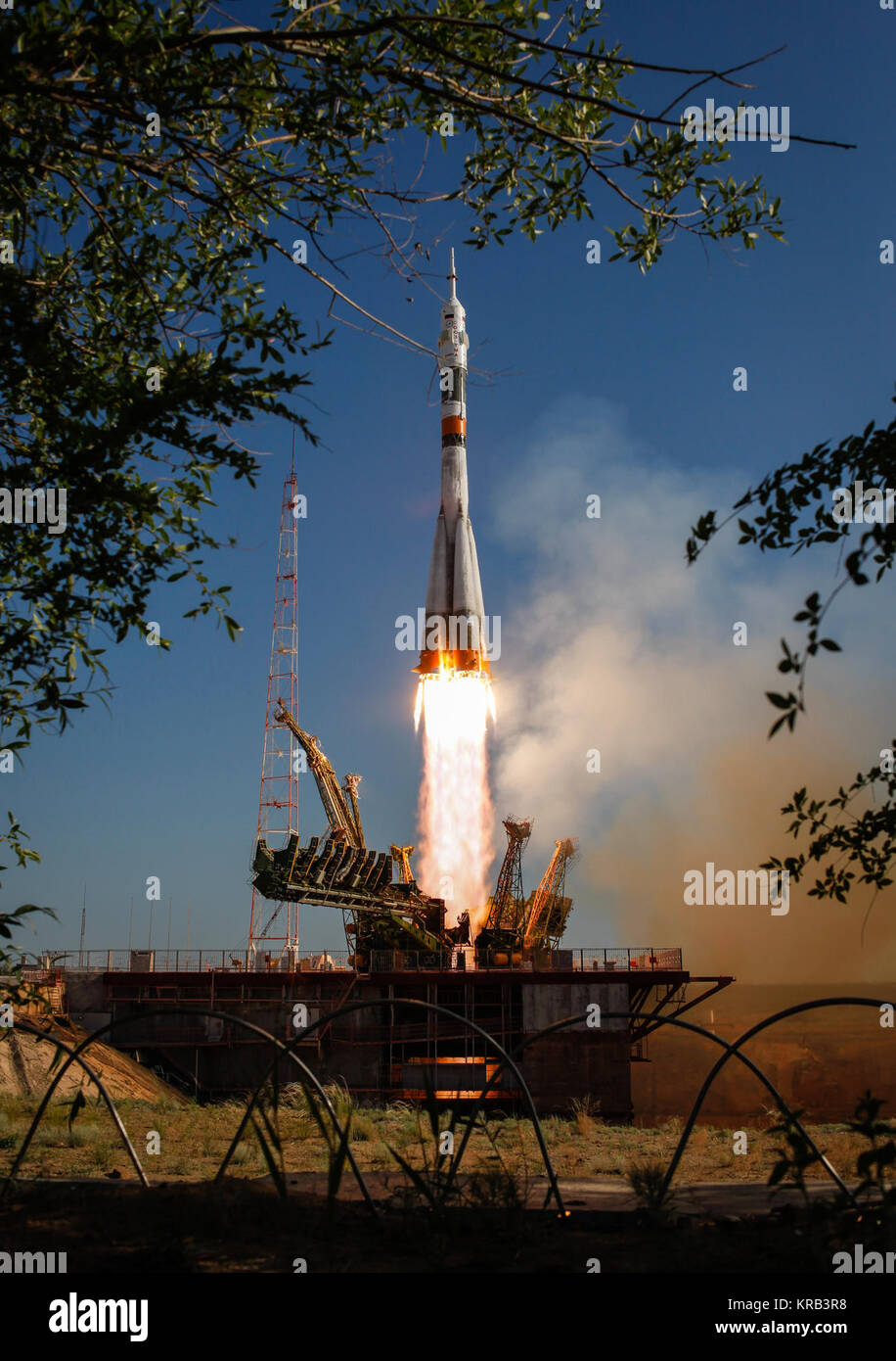 The Soyuz TMA-04M rocket launches from the Baikonur Cosmodrome in Kazakhstan on Tuesday, May 15, 2012 carrying Expedition 31 Soyuz Commander Gennady Padalka, NASA Flight Engineer Joseph Acaba and Flight Engineer Sergei Revin to the International Space Station.  Photo Credit: (NASA/Bill Ingalls) Expedition 31 launch 2012 Stock Photo