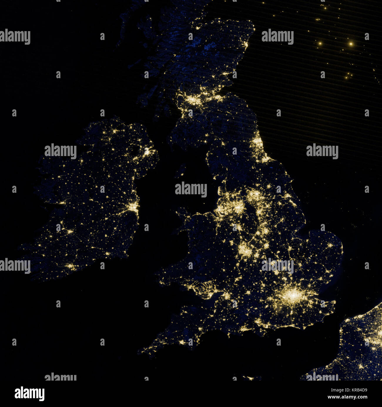 Billions of people will see London through many different filters and lenses during the 2012 Olympic Games and Paralympic Games. None of those views will look quite like this one from the Suomi National Polar-orbiting Partnership satellite.  The image above shows London and the southern half of Great Britain as it appeared on the night of March 27, 2012. While most of the events in the 2012 Olympics will be held in the greater London area, several other cities and towns will host events, including: canoeing at Lee Valley White Water Center; sailing in Weymouth and Portland; rowing and canoeing Stock Photo