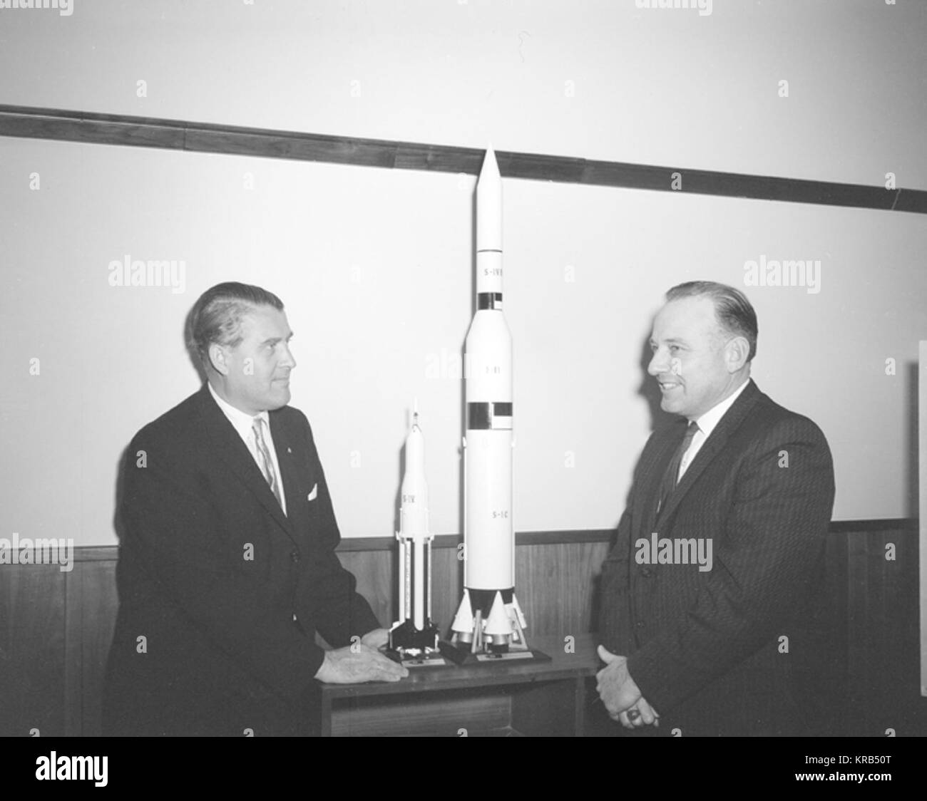 THE MEMBERS OF THE HOUSE COMMITTEE ON SCIENCE AND ASTRONAUTICS VISITED THE MARSHALL SPACE FLIGHT CENTER(MSFC) ON MARCH 9, 1962 TO GATHER FIRSTHAND INFORMATION OF THE NATION'S SPACE EXPLORATION PROGRAM.  THE CONGRESSIONAL GROUP WAS COMPOSED OF MEMBERS OF THE SUBCOMMITTEE ON MANNED SPACE FLIGHT.  THE SUBCOMITTEE WAS BRIEFED ON MSFC'S MANNED SPACE EFFORTS EARLIER IN THE DAY AND THEN INSPECTED MOCKUPS OF THE SATURN I WORKSHOP AND THE APOLLO TELESCOPE MOUNT, TW PROJECTS DEVELOPED BY MSFC FOR THE POST-APOLLO PROGRAM.  IN THIS PHOTOGRAPH, MSFC DIRECTOR, DR WERNHER VON BRAUN AND JO WAGONER, DEMOCRATIC Stock Photo