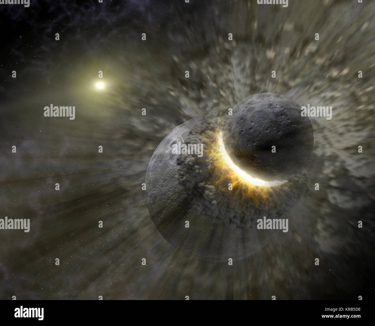 This artist concept illustrates how a massive collision of objects, perhaps as large as the planet Pluto, smashed together to create the dust ring around the nearby star Vega. New observations from NASA's Spitzer Space Telescope indicate the collision took place within the last one million years. Astronomers think that embryonic planets smashed together, shattered into pieces, and repeatedly crashed into other fragments to create ever finer debris.  In the image, a collision is seen between massive objects that measured up to 2,000 kilometers (about 1,200 miles) in diameter. Scientists say the Stock Photo