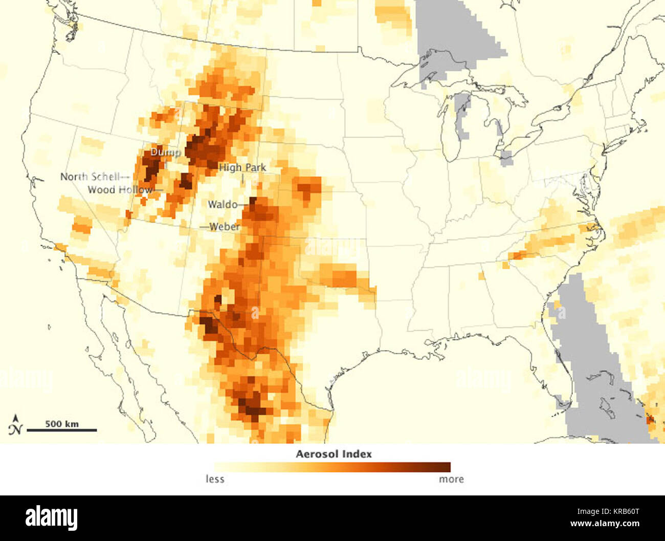 Along the Rocky Mountain range, there has been a dearth of snow cover, insect stress in the forests, and a hot spring that has turned into a hot summer. The result by late June 2012 was a surplus of smoke from many dangerous fires raging across the western United States.  The map above depicts the relative concentration of aerosols in the skies above the continental United States on June 26, 2012. The map was assembled from data acquired by the Ozone Mapper Profiler Suite (OMPS) on the new Suomi National Polar-orbiting Partnership (S-NPP) satellite. Aerosol are tiny solid and liquid particles  Stock Photo