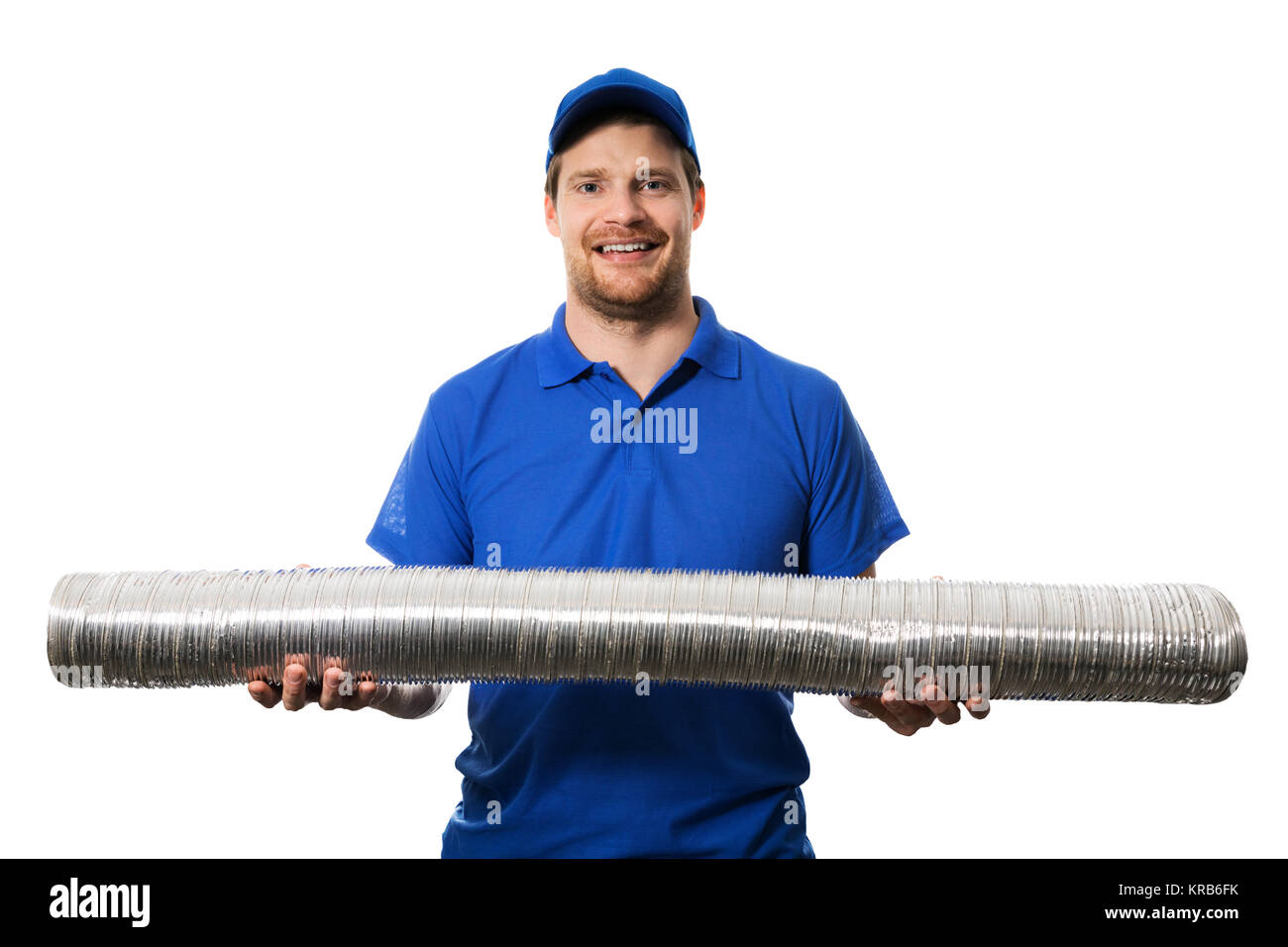 hvac worker with flexible ventilation system tube in hands Stock Photo