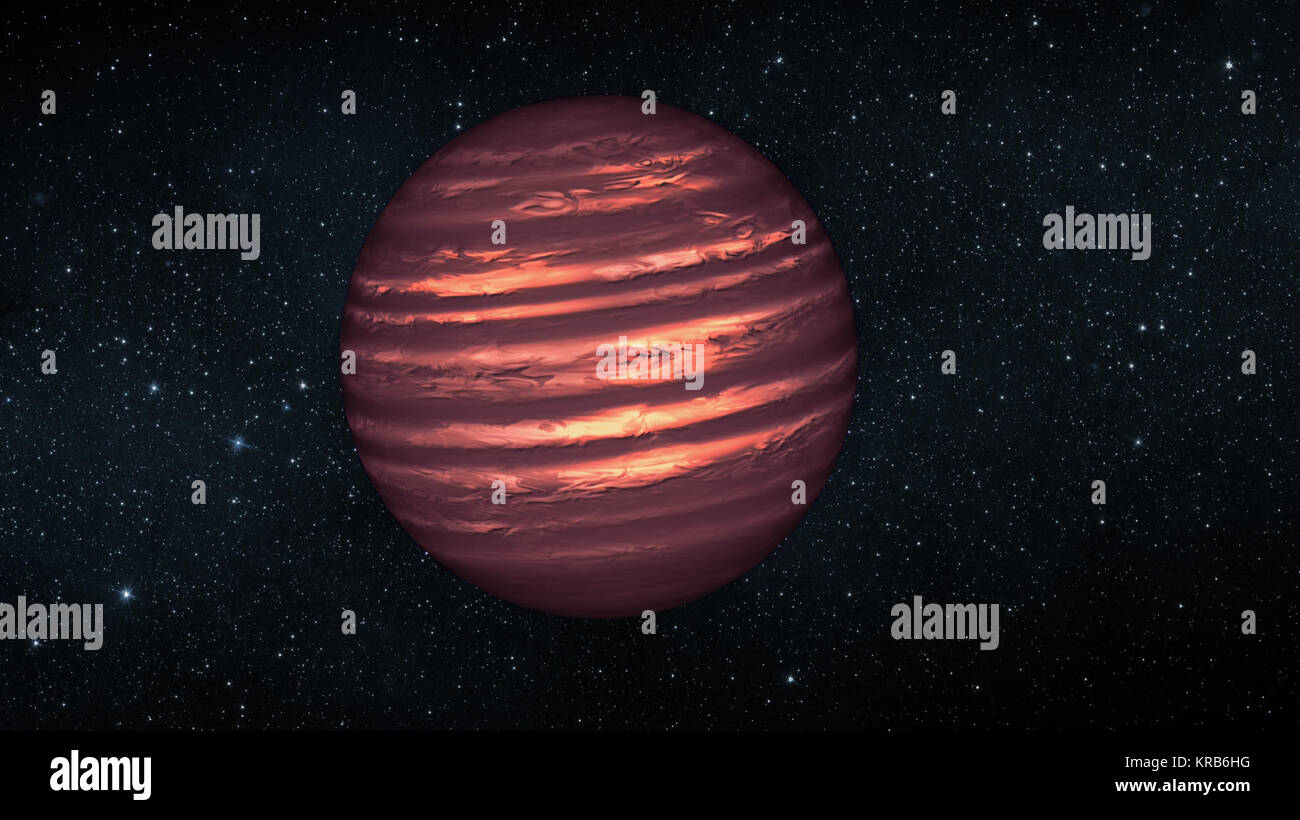This artist's conception illustrates the brown dwarf named 2MASSJ22282889-431026. NASA's Hubble and Spitzer space telescopes observed the object to learn more about its turbulent atmosphere. Brown dwarfs are more massive and hotter than planets but lack the mass required to become sizzling stars. Their atmospheres can be similar to the giant planet Jupiter's.   Spitzer and Hubble simultaneously observed the object as it rotated every 1.4 hours. The results suggest wind-driven, planet-size clouds.  Image credit: 2MASSJ22282889-431026 Stock Photo