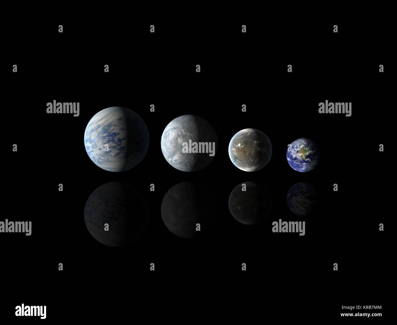 Relative sizes of all of the habitable-zone planets discovered to date alongside Earth Stock Photo