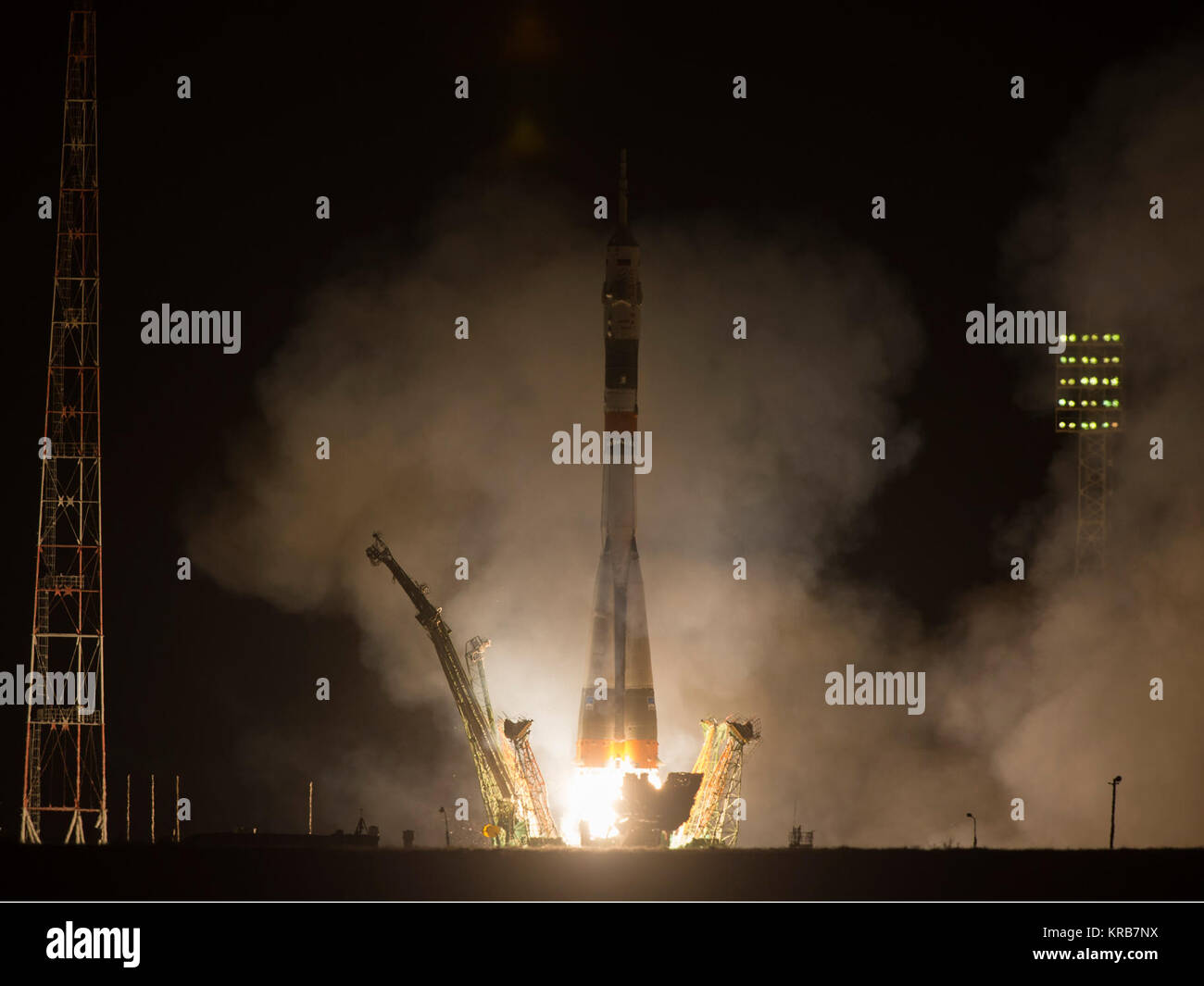 The Soyuz TMA-08M rocket launches from the Baikonur Cosmodrome in Kazakhstan on Friday, March 29, 2013 carrying Expedition 35 Soyuz Commander Pavel Vinogradov,  NASA Flight Engineer Chris Cassidy and Russian Flight Engineer Alexander Misurkin to the International Space Station.  Their Soyuz rocket launched at 2:43 a.m. local time.  Photo Credit: (NASA/Carla Cioffi) Expedition 35 Launch Stock Photo
