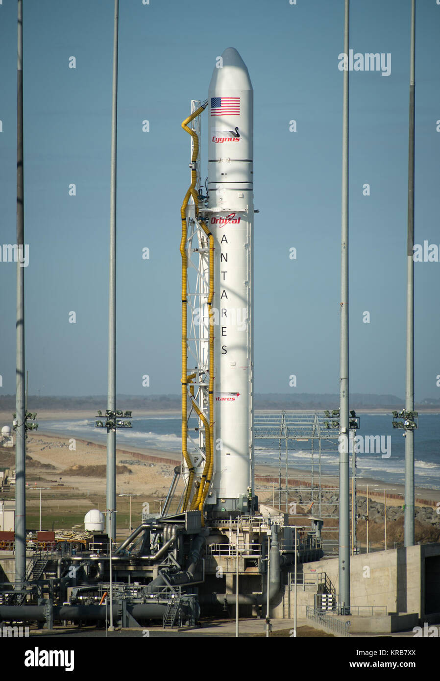 The Orbital Sciences Corporation Antares rocket is seen on the Mid-Atlantic Regional Spaceport (MARS) Pad-0A at the NASA Wallops Flight Facility, Tuesday, April 16, 2013 in Virginia.  NASA's commercial space partner, Orbital Sciences Corporation, is scheduled to test launch its first Antares on Wednesday, April 17, 2013.  Photo Credit: (NASA/Bill Ingalls) Antares A-ONE vertical Stock Photo