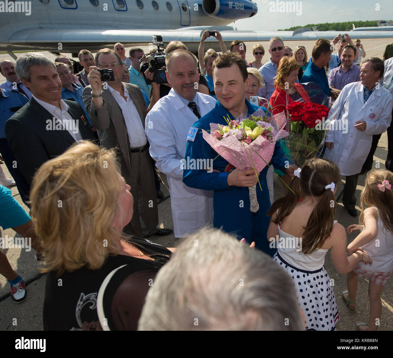 Expedition 35 Russian Flight Engineer Roman Romanenko of the Russian Federal Space Agency (Roscosmos) is welcomed home upon his return at Chkalovsky Airport in Russia, Tuesday, May 14, 2013.  Photo Credit:  (NASA/Carla Cioffi) Soyuz TMA-07M Commander Roman Romanenko is welcomed home Stock Photo