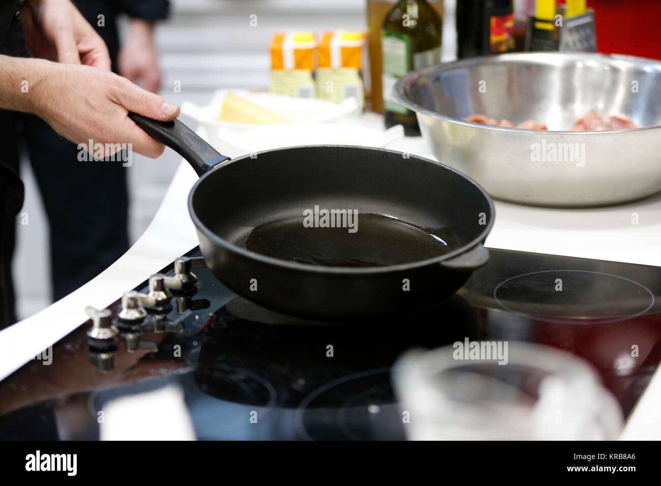 Frying pan with vegetable oil in the kitchen.Vegetable oil on a frying