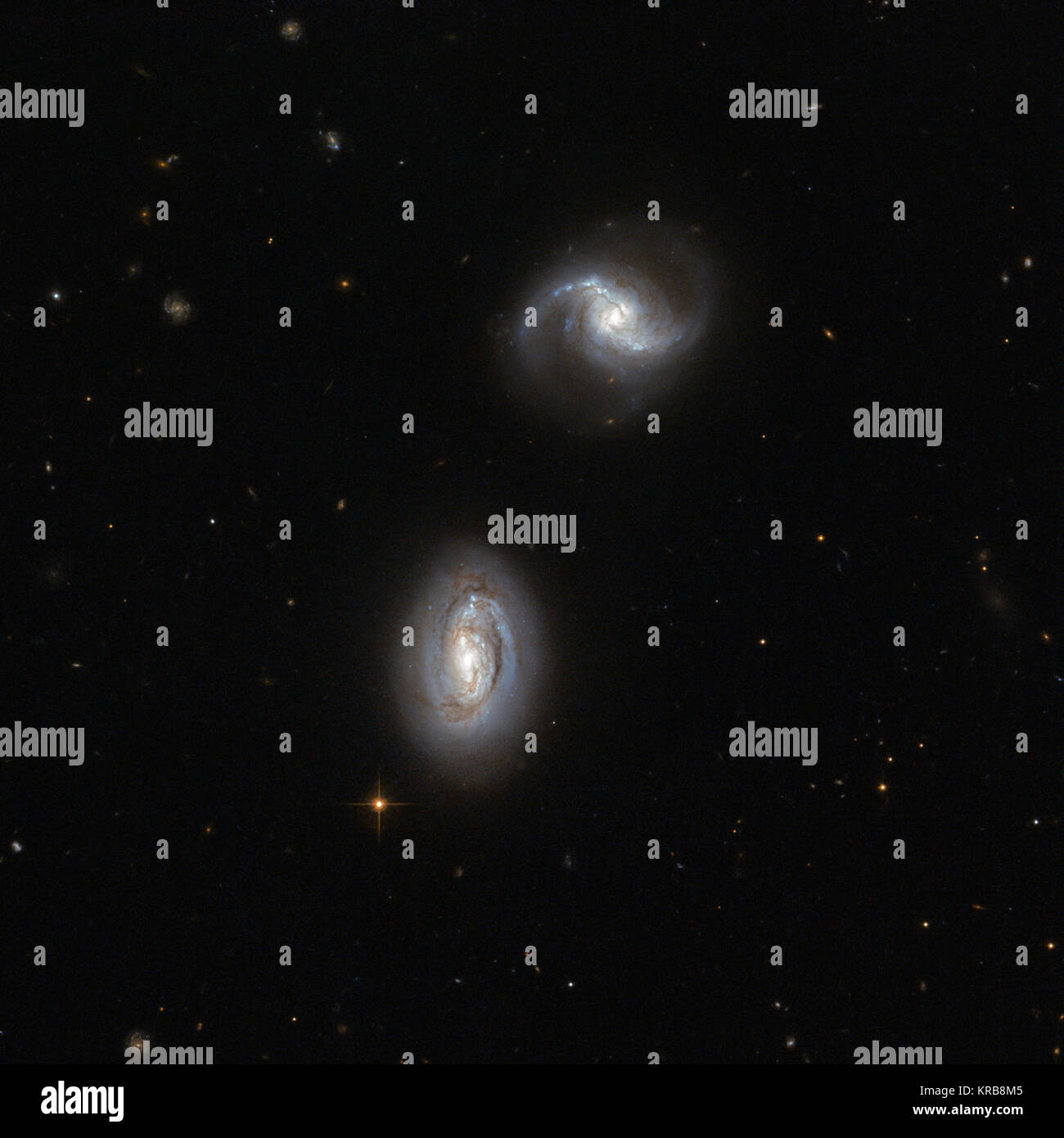 Looking  towards the constellation of Triangulum (The Triangle), in the northern  sky, lies the galaxy pair MRK 1034. The two very similar galaxies,  named PGC 9074 and PGC 9071, are close enough to one another to be bound  together by gravity, although no gravitational disturbance can yet be  seen in the image. These objects are probably only just beginning to  interact gravitationally. Both  are spiral galaxies, and are presented to our eyes face-on, so we are  able to appreciate their distinctive shapes. On the left of the image,  spiral galaxy PGC 9074 shows a bright bulge and two spiral a Stock Photo