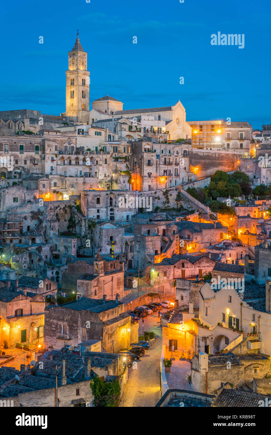 Panoramic sunset sight of the 'Sassi' district in Matera, Basilicata, southern Italy. Stock Photo