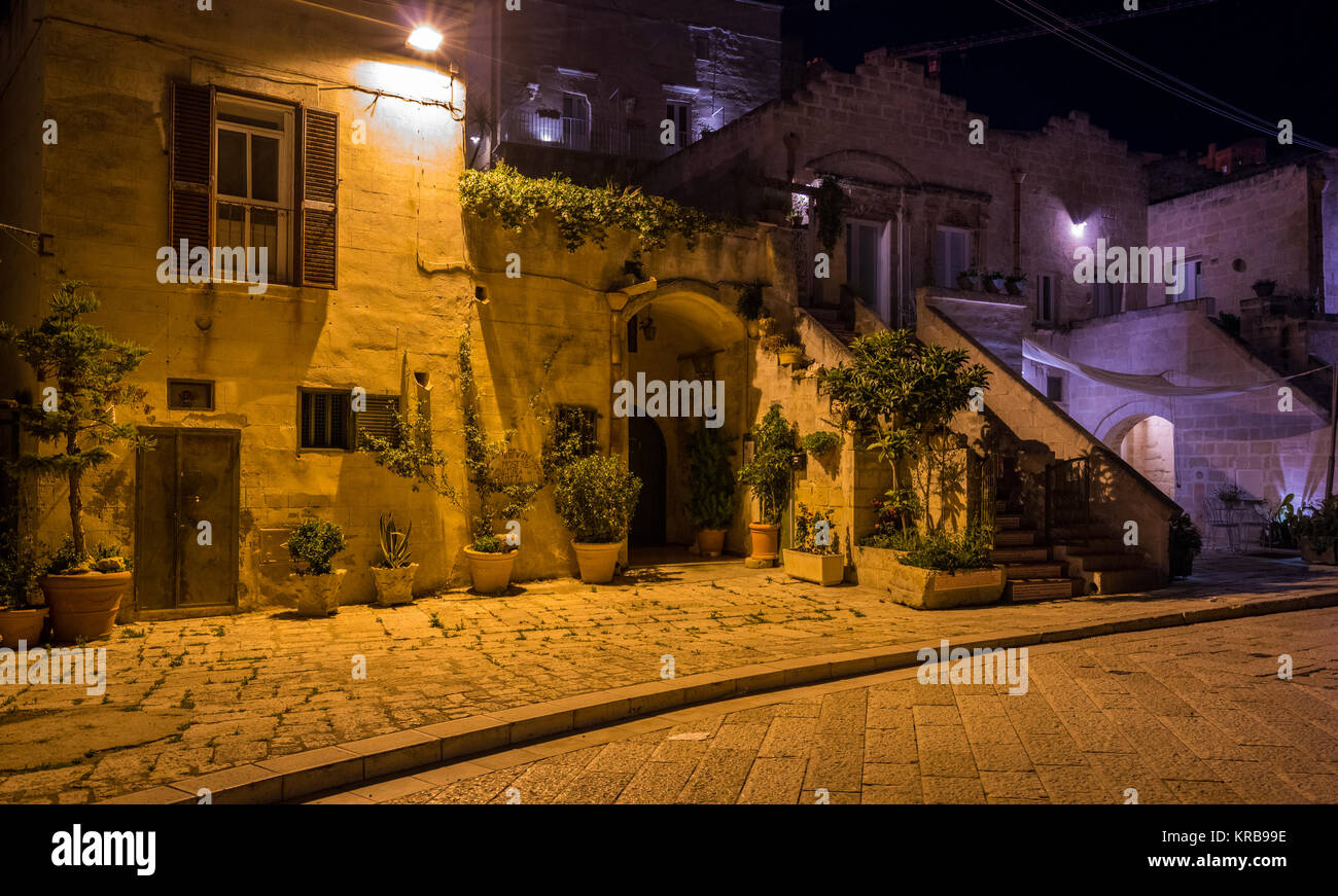 Scenic evening sight of the 'Sassi' district in Matera, Basilicata, southern Italy. Stock Photo