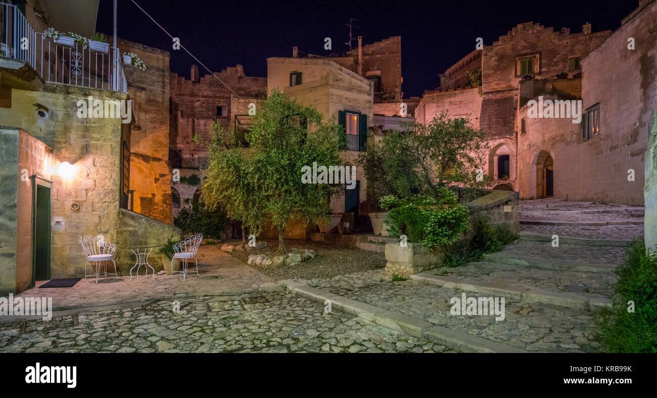 Scenic evening sight of the 'Sassi' district in Matera, Basilicata, southern Italy. Stock Photo