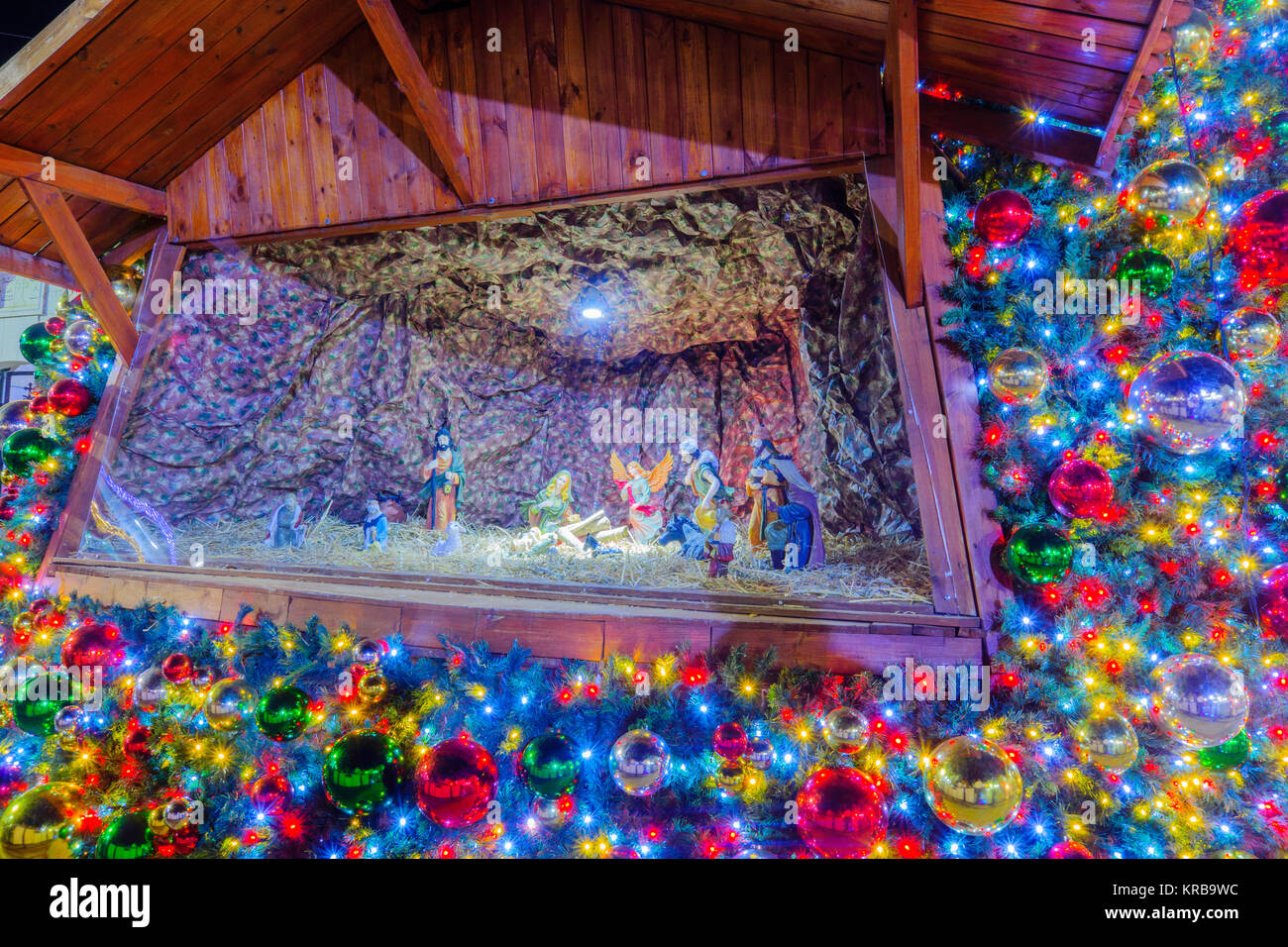 NAZARETH, ISRAEL DECEMBER 16, 2017 Nativity scene inside a Christmas