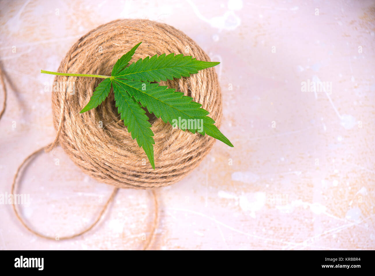 Macro detail of hemp fiber twine and cannabis leaf over white background - marijuana farming concept Stock Photo