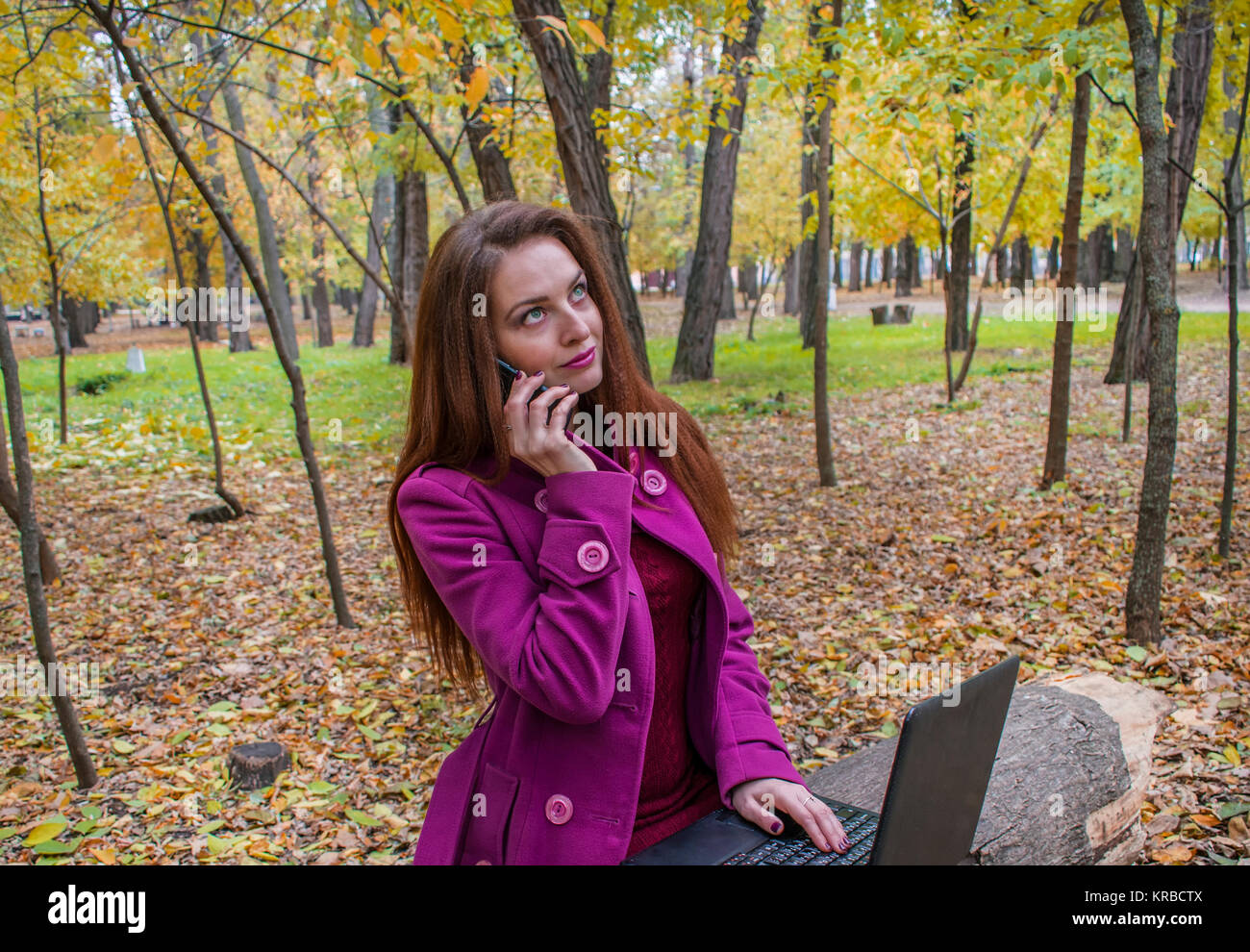 Business woman working with laptop and phone in autumn park. The woman has red hair and big green eyes. Beautiful autumn park Stock Photo