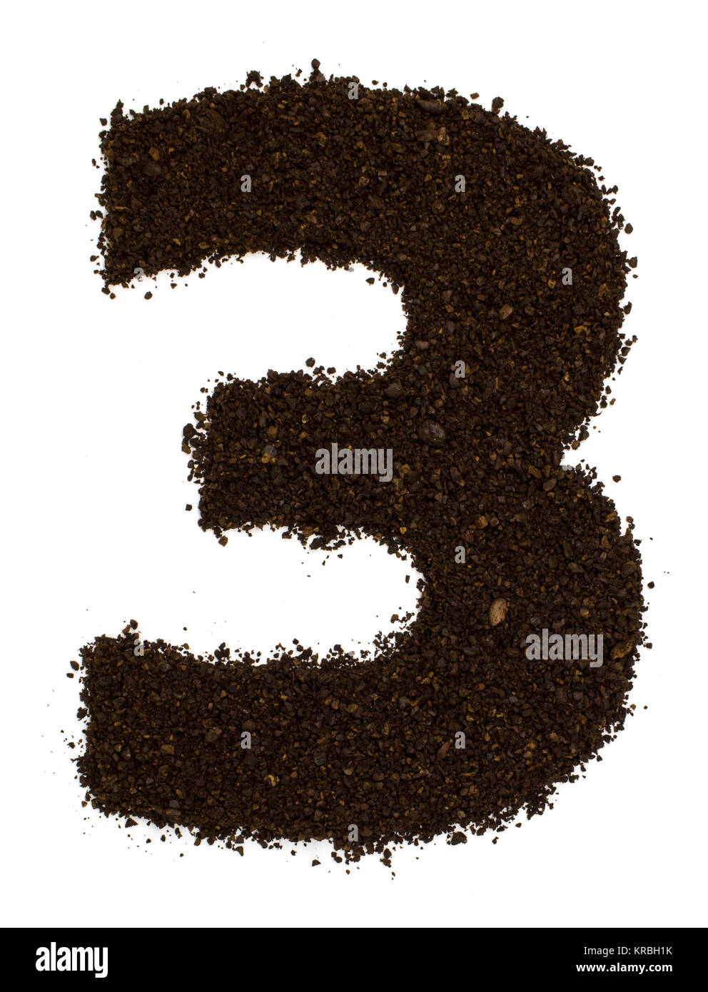 Number 3 three made of ground coarse coffee isolated on white. Flat lay ...