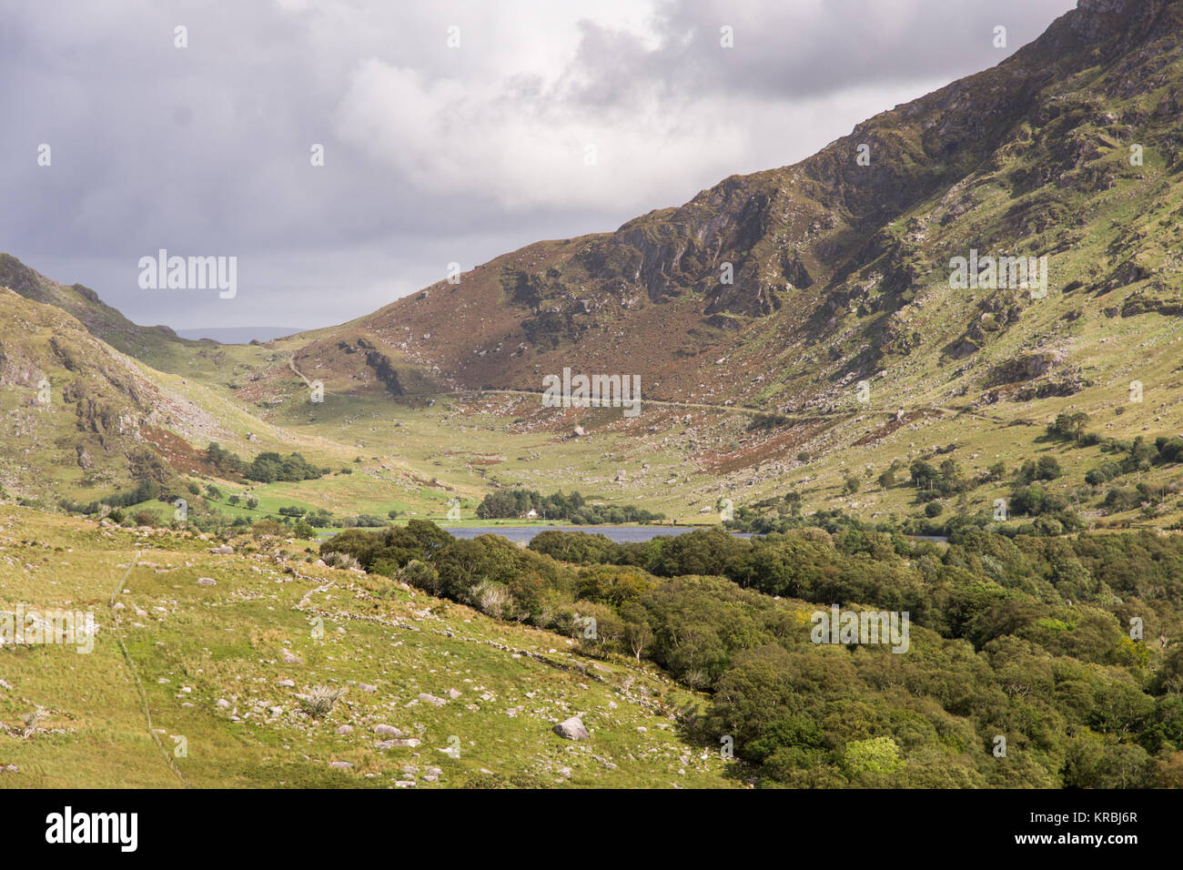 The lake of Lough Brin nestled in a valley under Knocklomena mountain in the Dunkerron Mountains of Ireland's County Kerry. Stock Photo