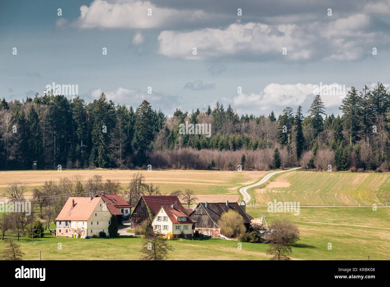 Little settlement with green fields and forests Stock Photo