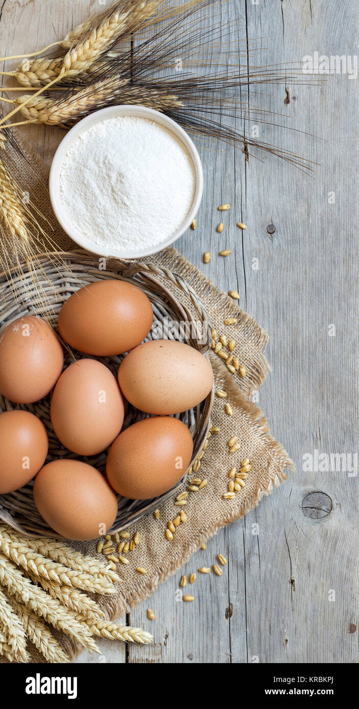 Chicken eggs, wheat and flour Stock Photo Alamy