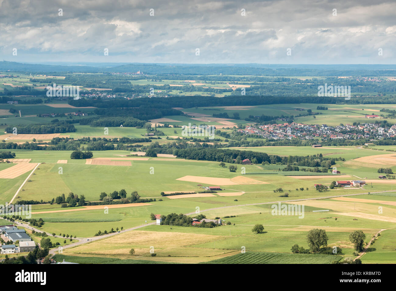 Bird's-eye view of German fields, meadows, forests and villages Stock Photo