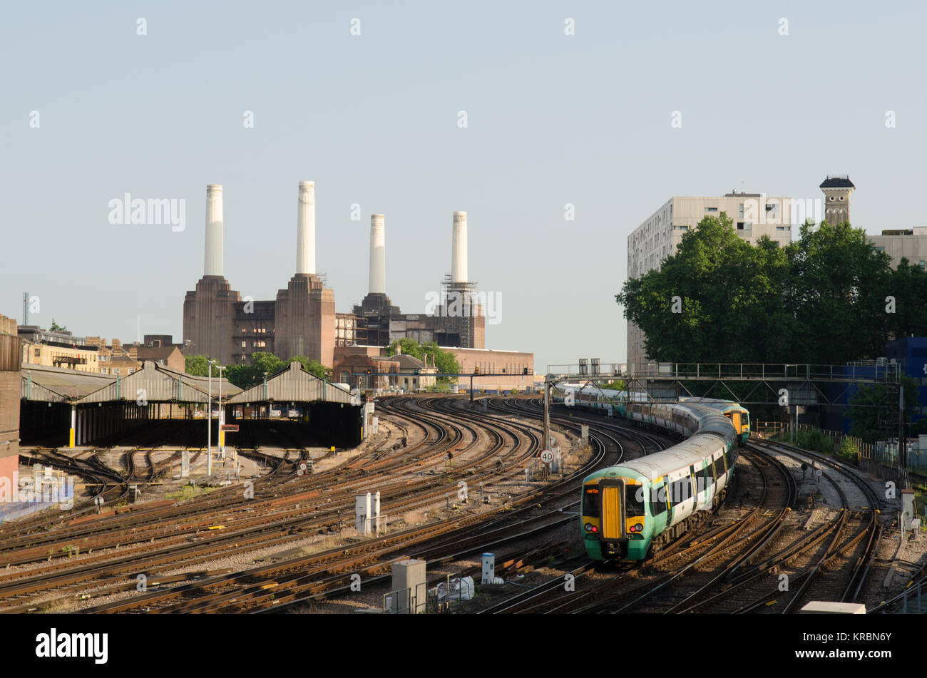 London, England - July 9, 2013: A Class 377 electric multiple unit commuter train in Southern Trains livery approaching London Victoria railway statio Stock Photo