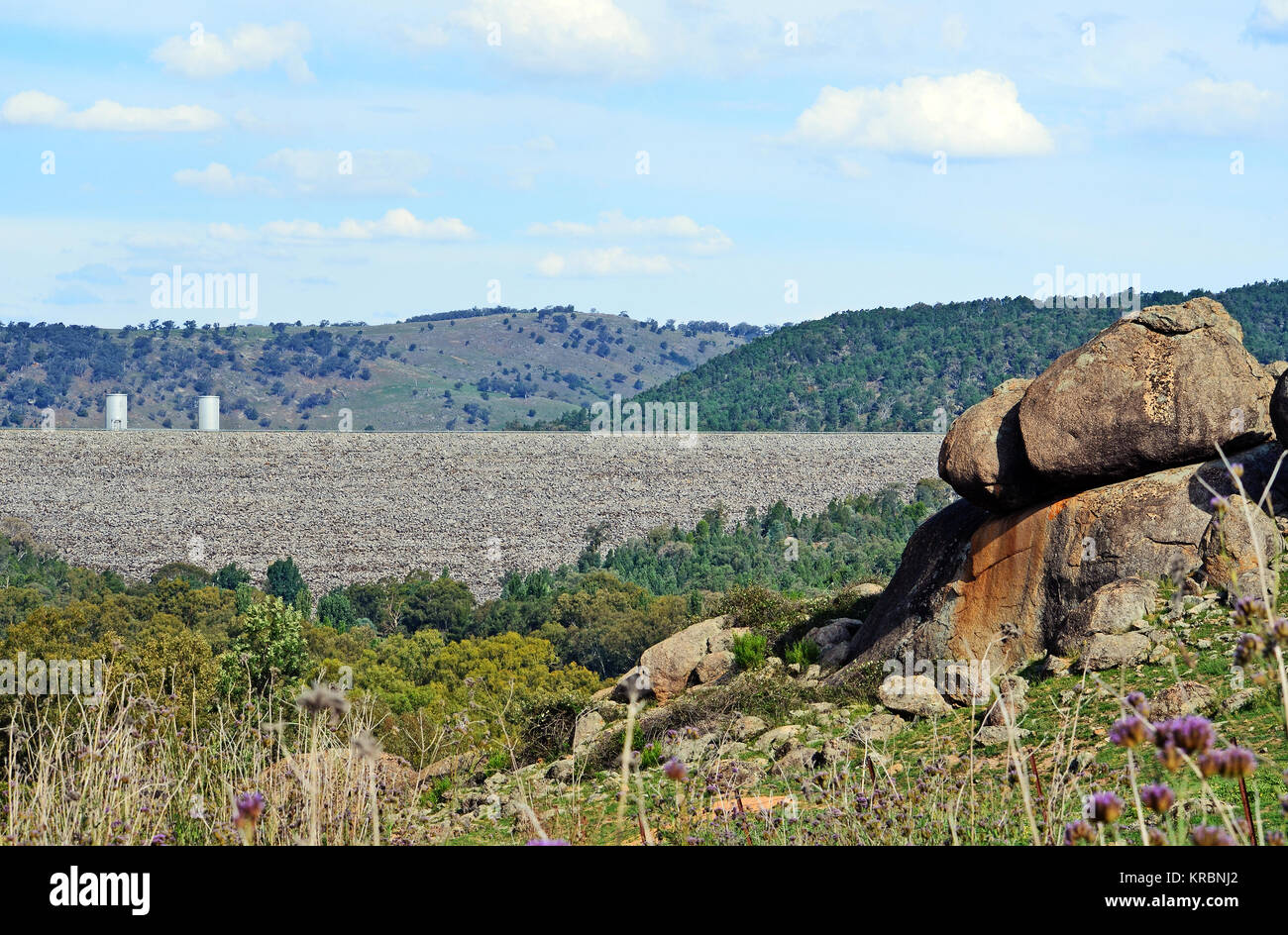 View of wall and rock filled embankment of Wyangala Dam from the