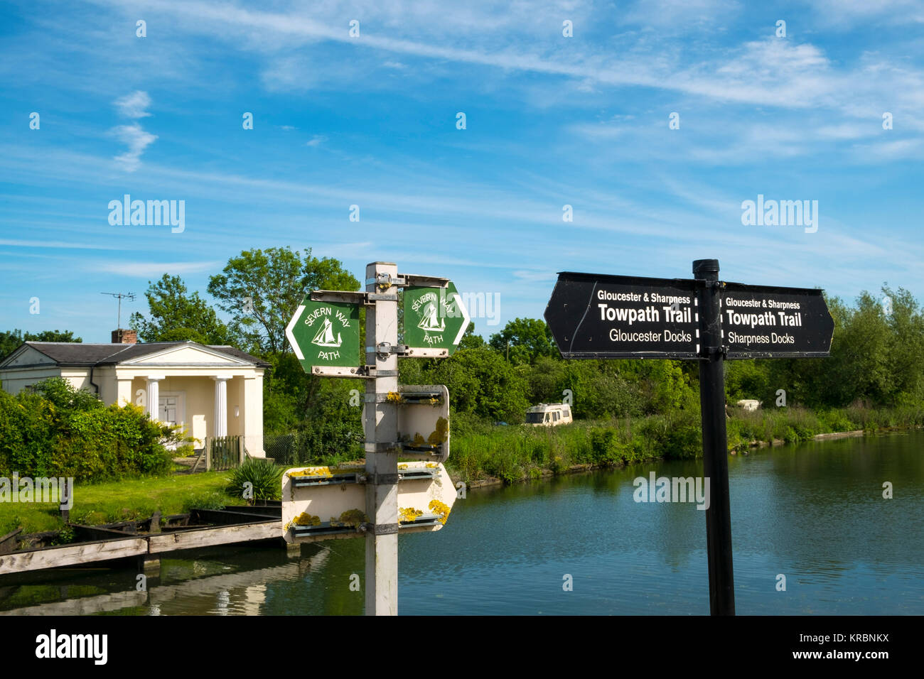 Sign posts for the Towpath Trail alongside the Severn Way Path at Splatt Bridge and bridge