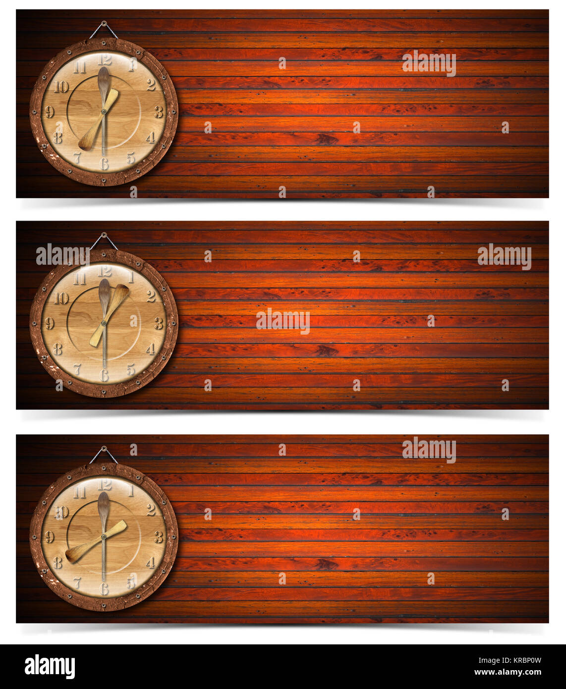 Set of wooden banners with wood clock - breakfast, lunch and dinner ...