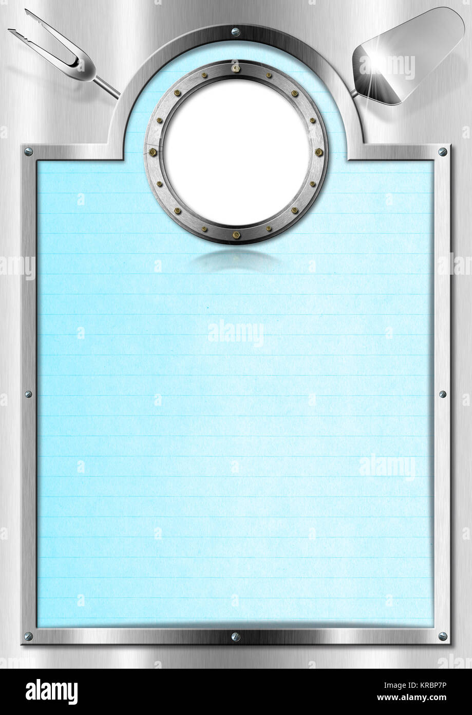 Restaurant metal menu with metal porthole and blue empty page Stock
