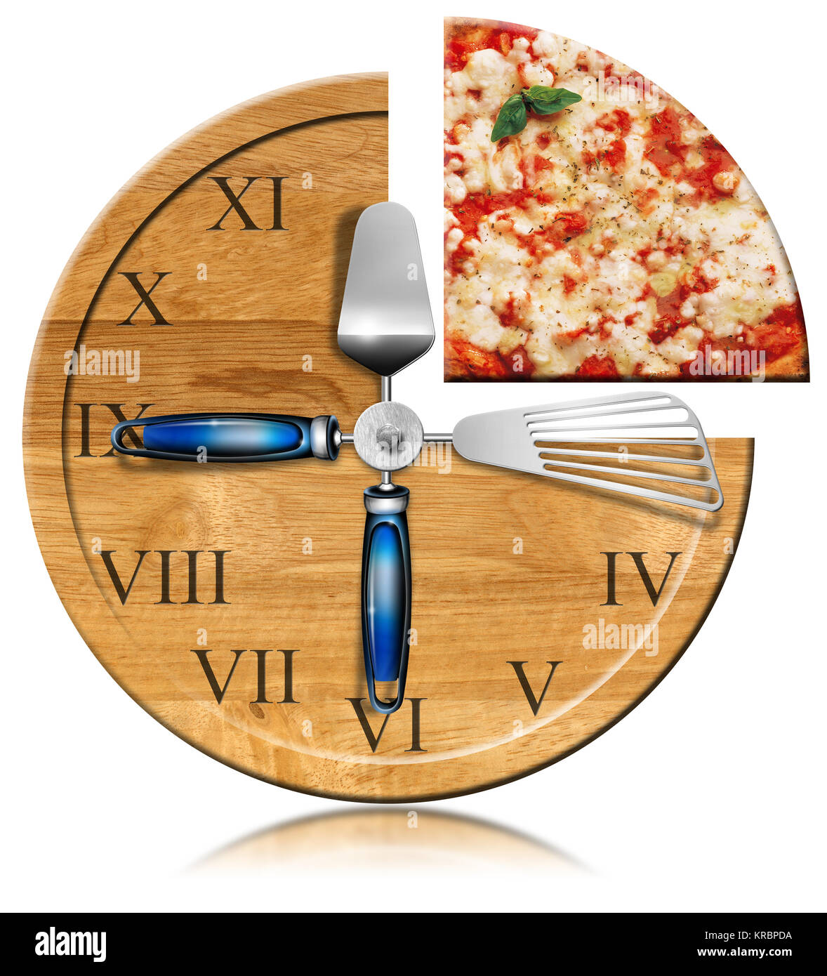 Wooden cutting board clock with slice of pizza Stock Photo Alamy