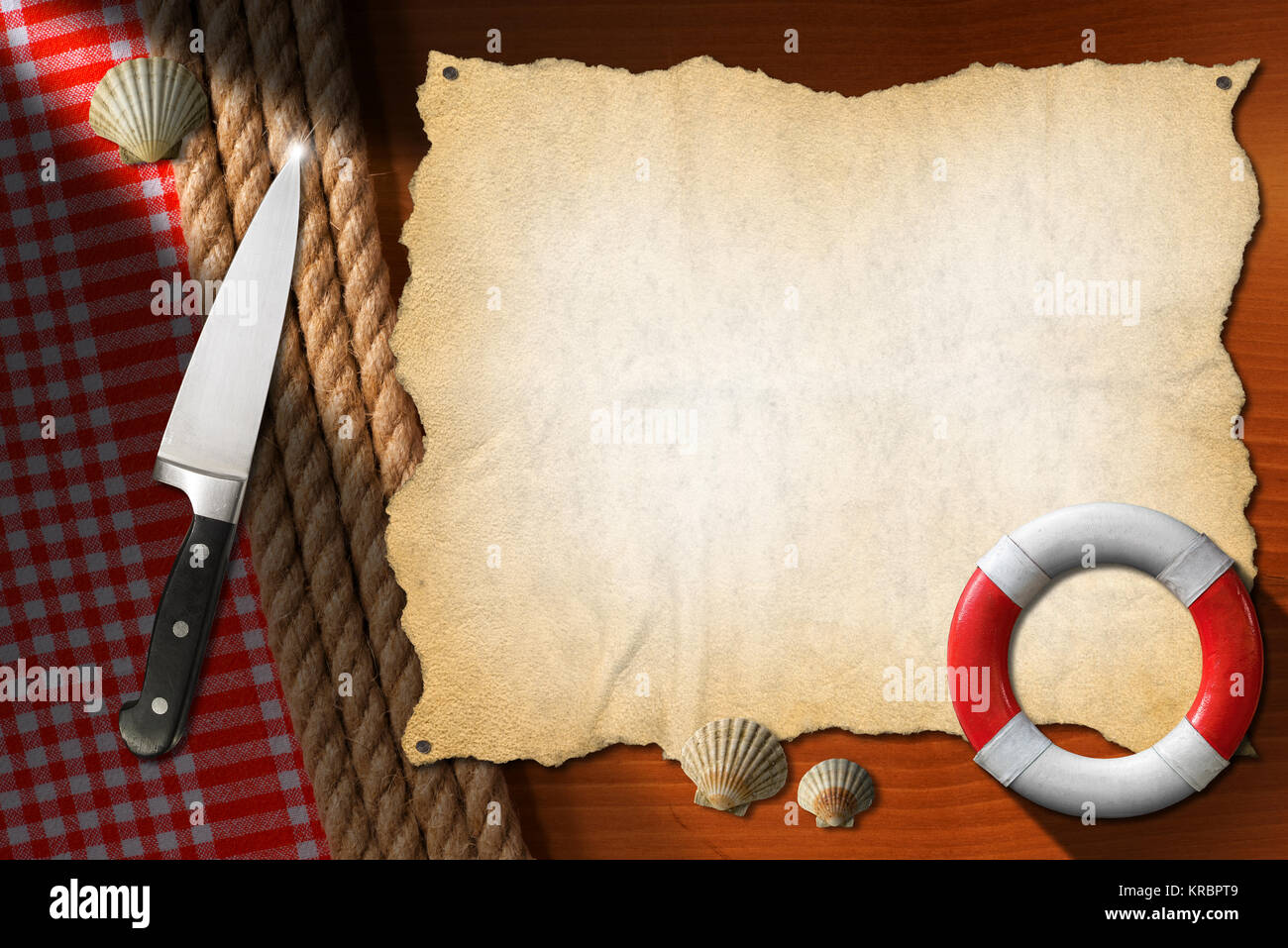 Empty parchment on brown wood wall with ropes and red checked tablecloth, kitchen knife, seashells, red and white lifebuoy. Template for recipes or se Stock Photo