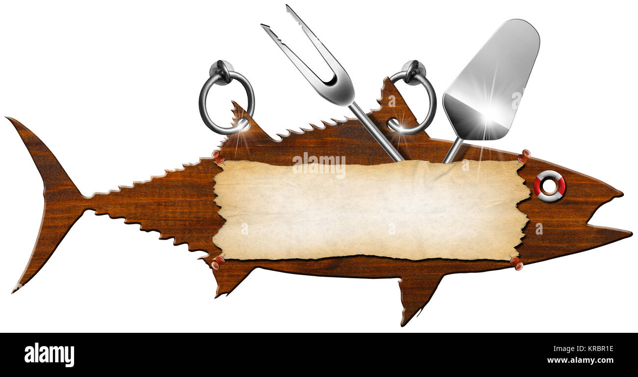https://c8.alamy.com/comp/KRBR1E/menu-signboard-in-the-shape-of-fish-tuna-and-kitchen-utensils-KRBR1E.jpg
