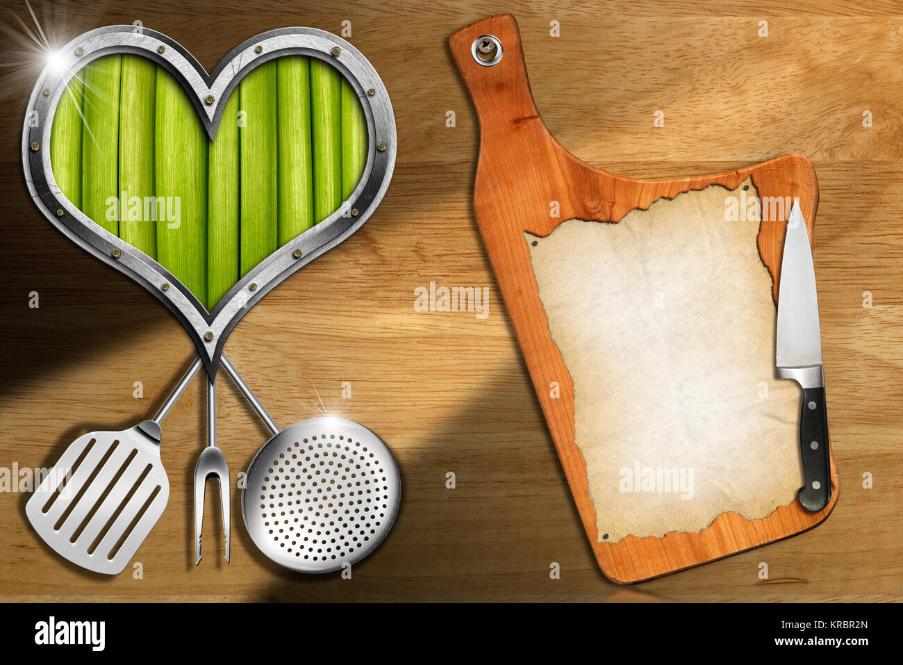 Cutting board with empty parchment, metal heart shape with green vegetables  interior on wooden wall and kitchen utensils, template for a Vegan Menu  Stock Photo - Alamy