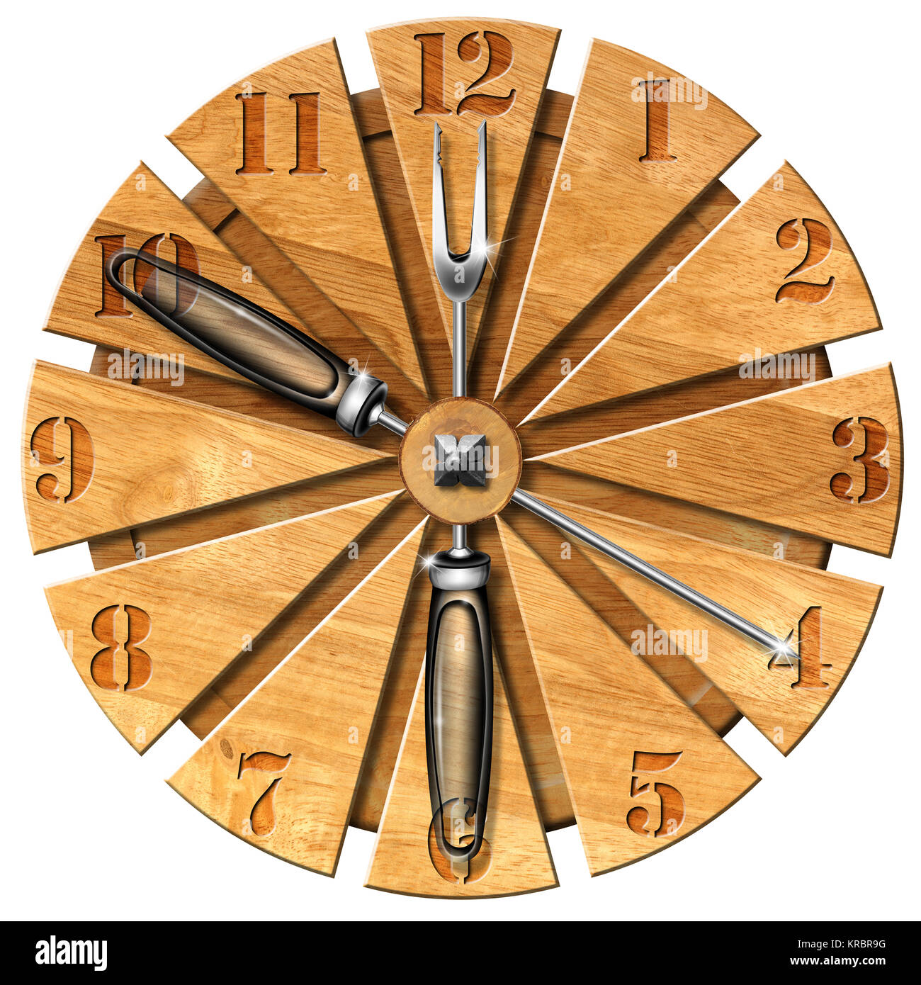 Wooden cutting board clock lunch time concept Stock Photo Alamy