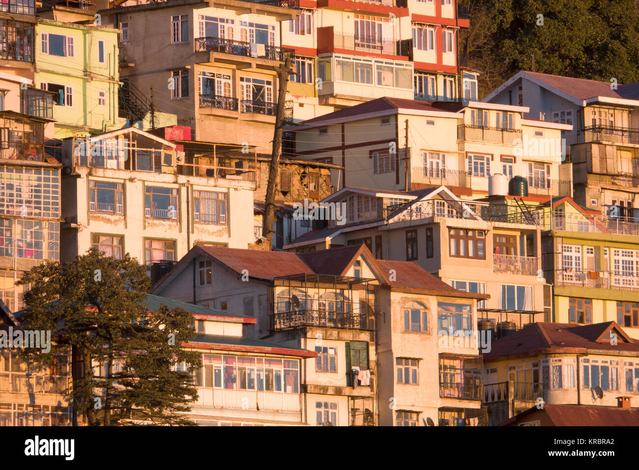 Tiered houses on steep mountainside in Shimla, India Stock Photo