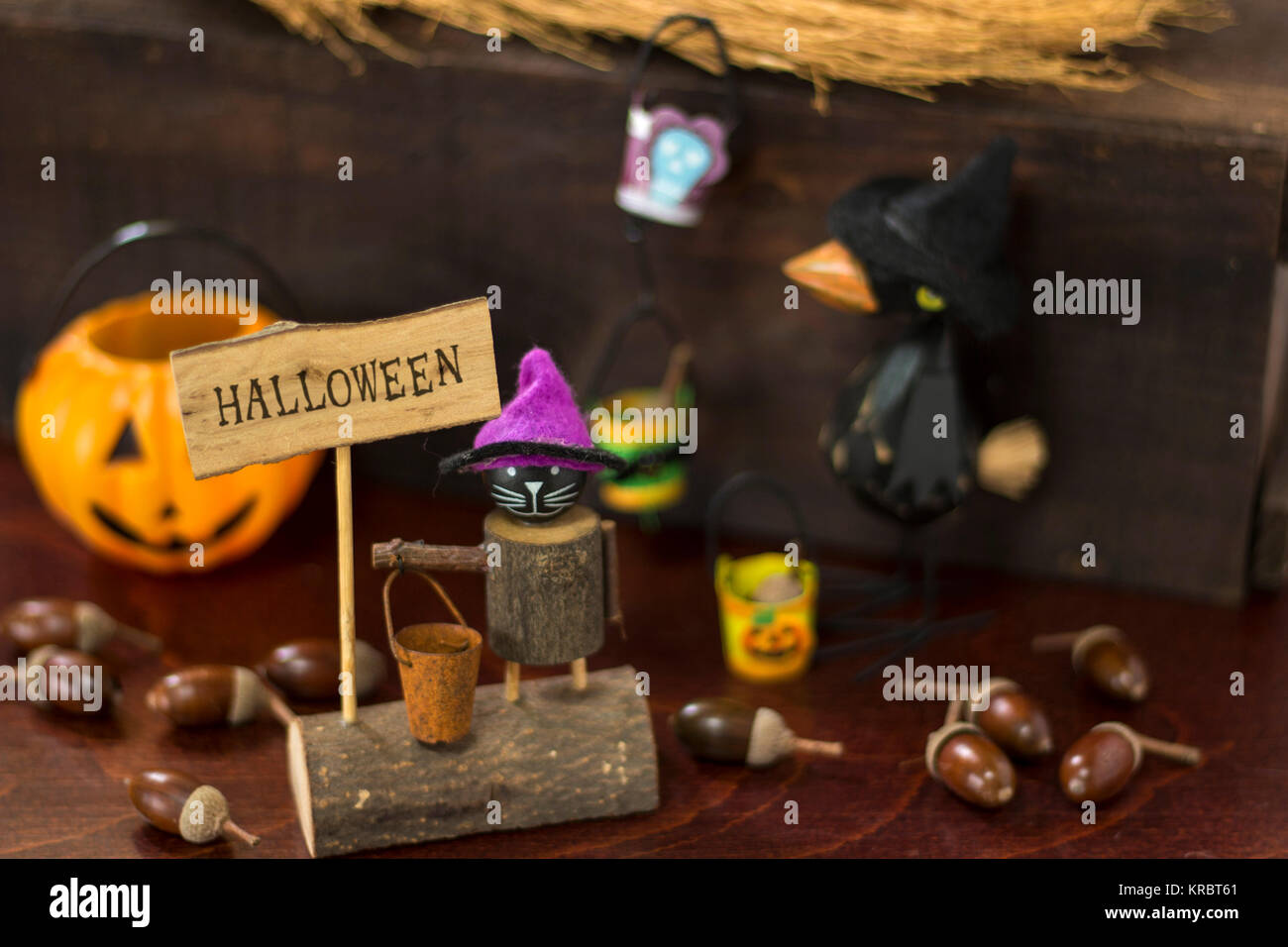 Halloween image with crow and Jack o lantern Stock Photo