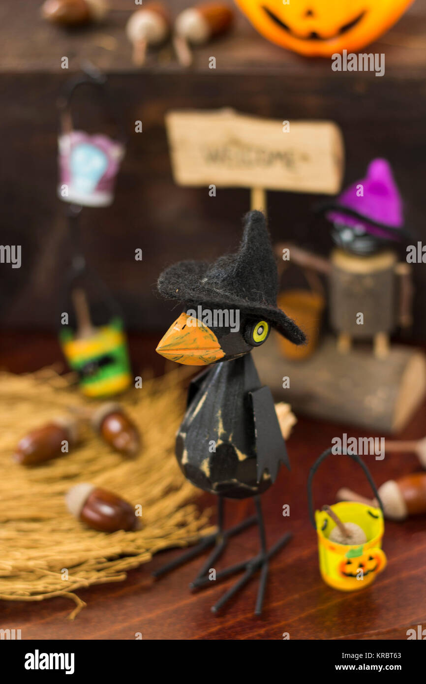 Halloween image with crow and Jack o lantern Stock Photo