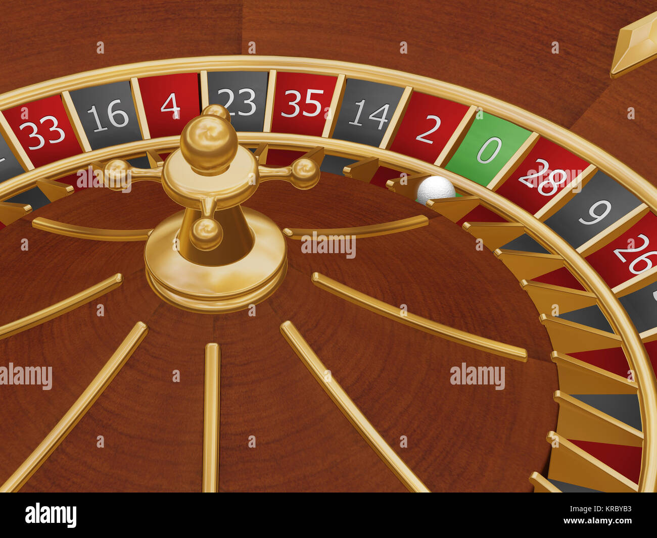 3D render of a roulette wheel with the ball on zero Stock Photo