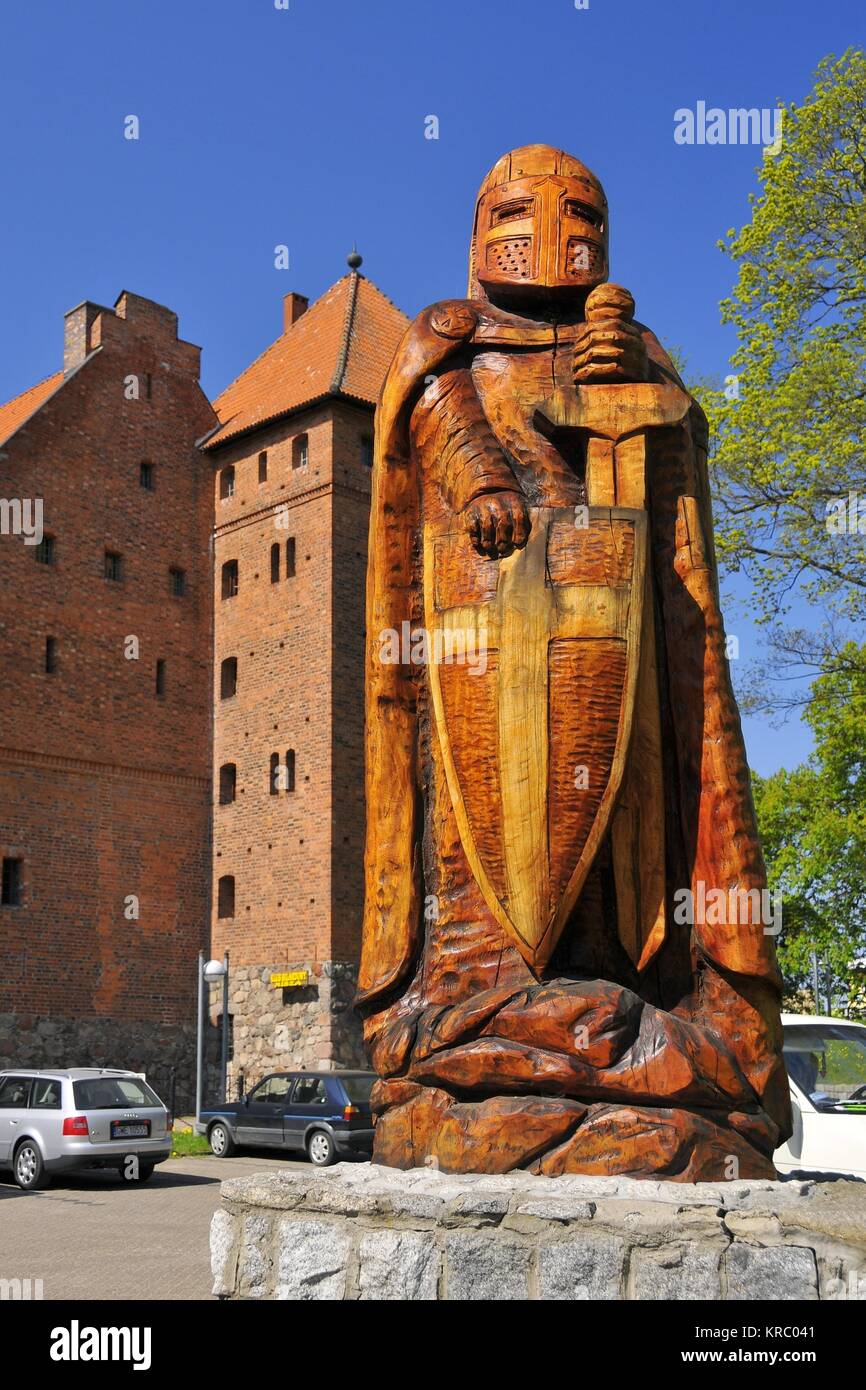 Castle of the Teutonic Order - statue of Teutonic Knight in town Bytow, Pomeranian Voivodeship, Poland. Stock Photo