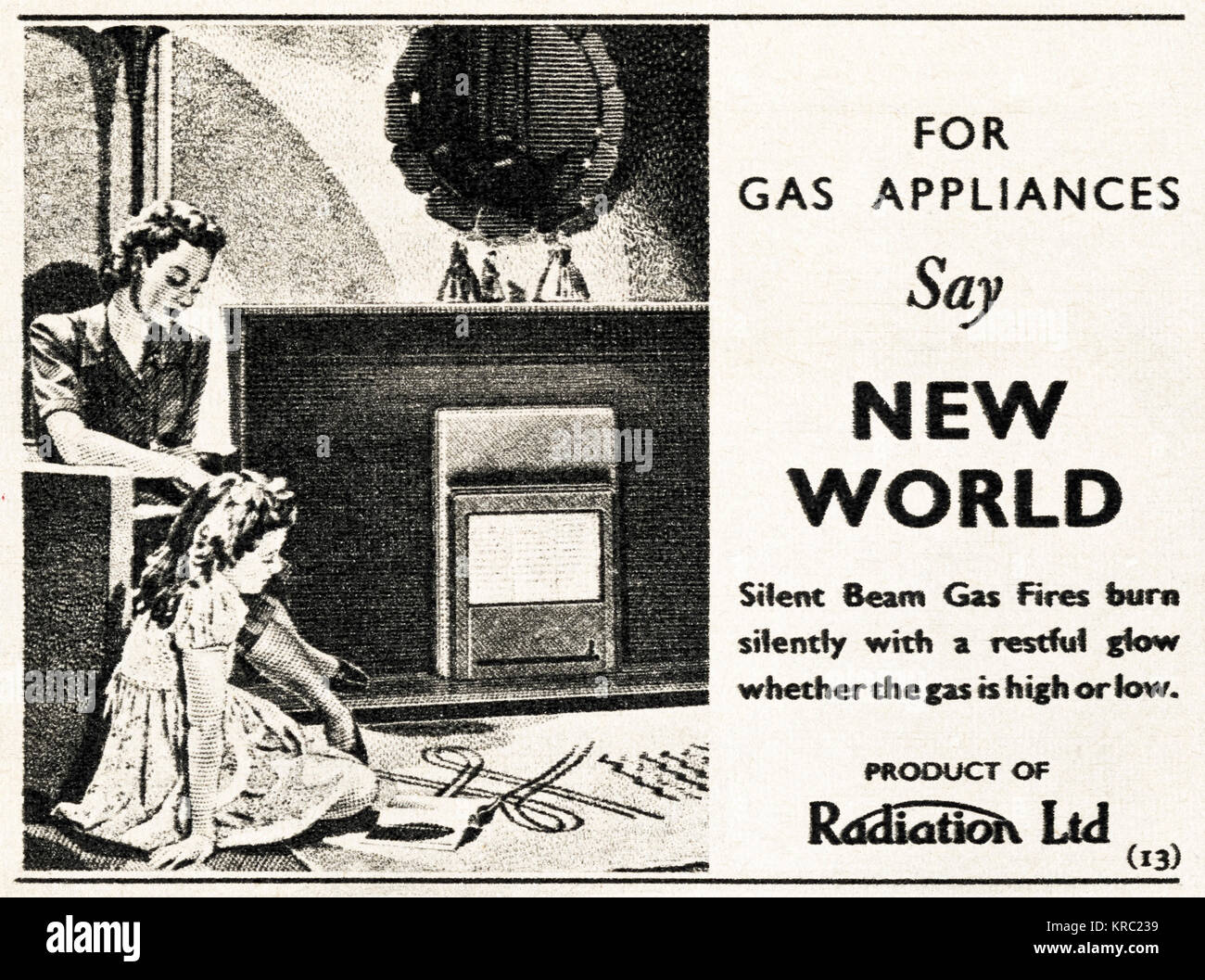 1940s old vintage original advert advertising New World gas fires by Radiation Ltd in magazine circa 1947 when supplies were still restricted under postwar rationing Stock Photo
